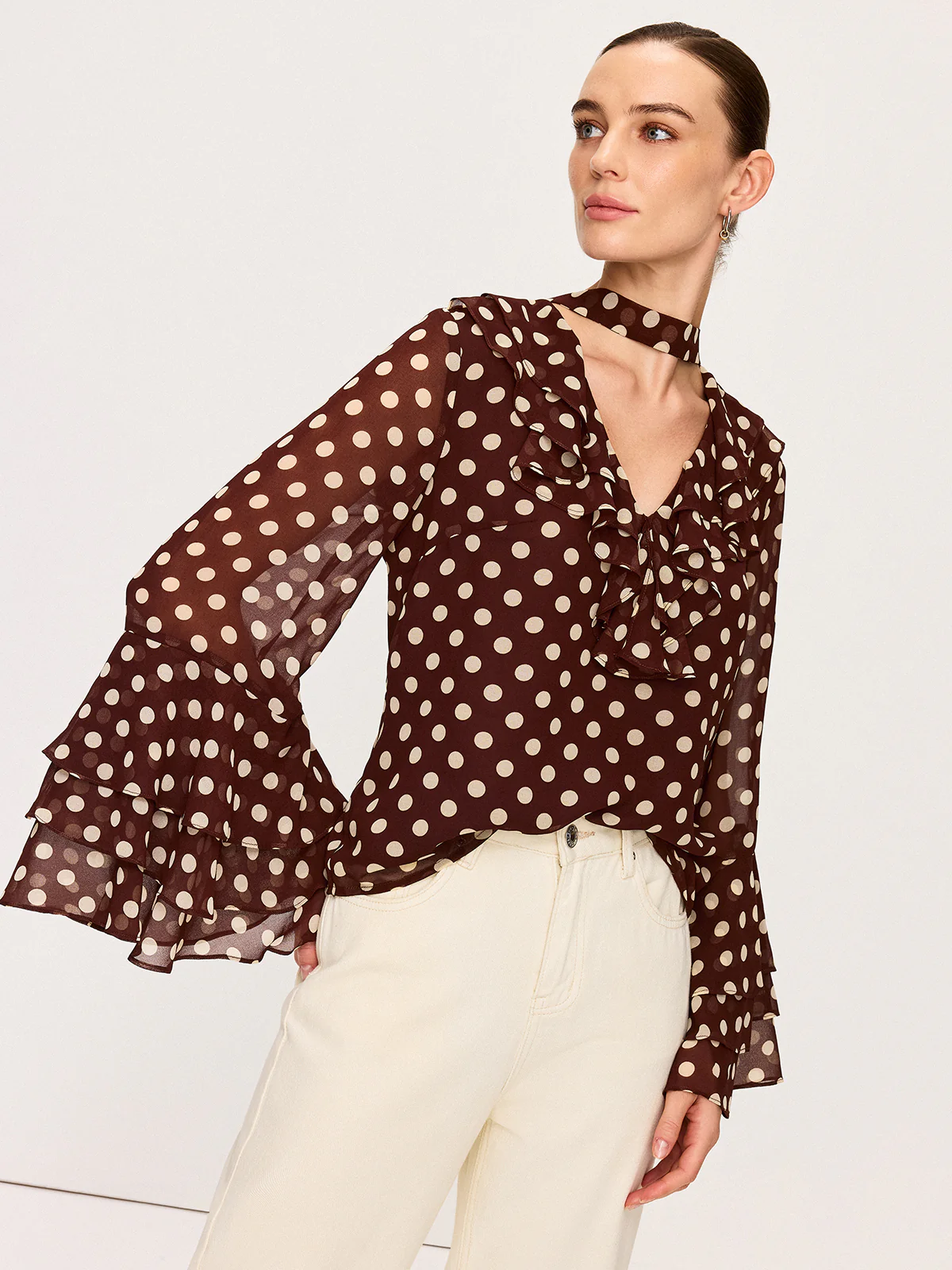 Semi-Sheer Polka Dot Bell-Sleeve Chiffon Blouse - Wholesalesil