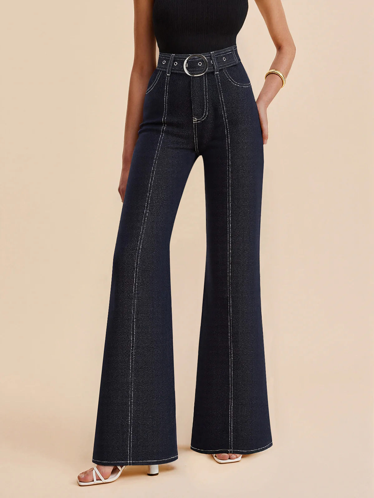 Denim Contrast-Stitch Pants with Belt - Wholesalesil