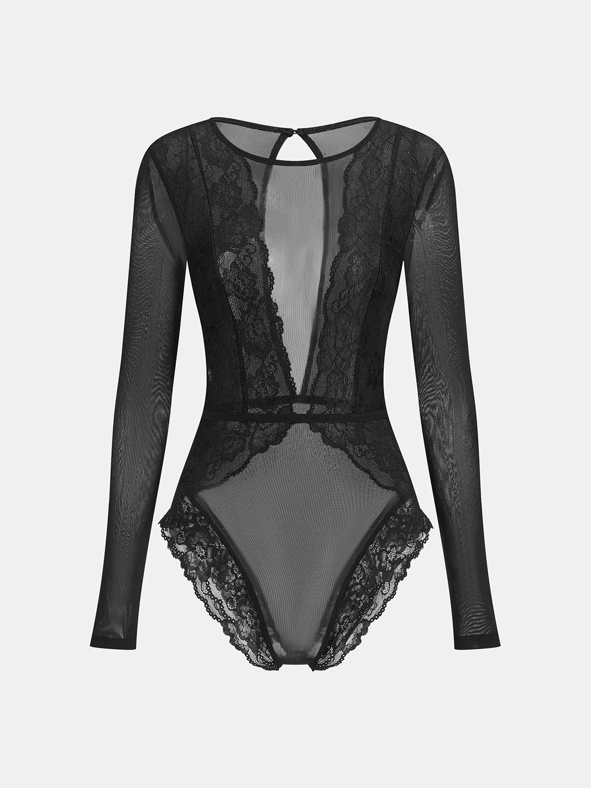Long Sleeve Sheer Lace Mesh Bodysuit - Wholesalesil
