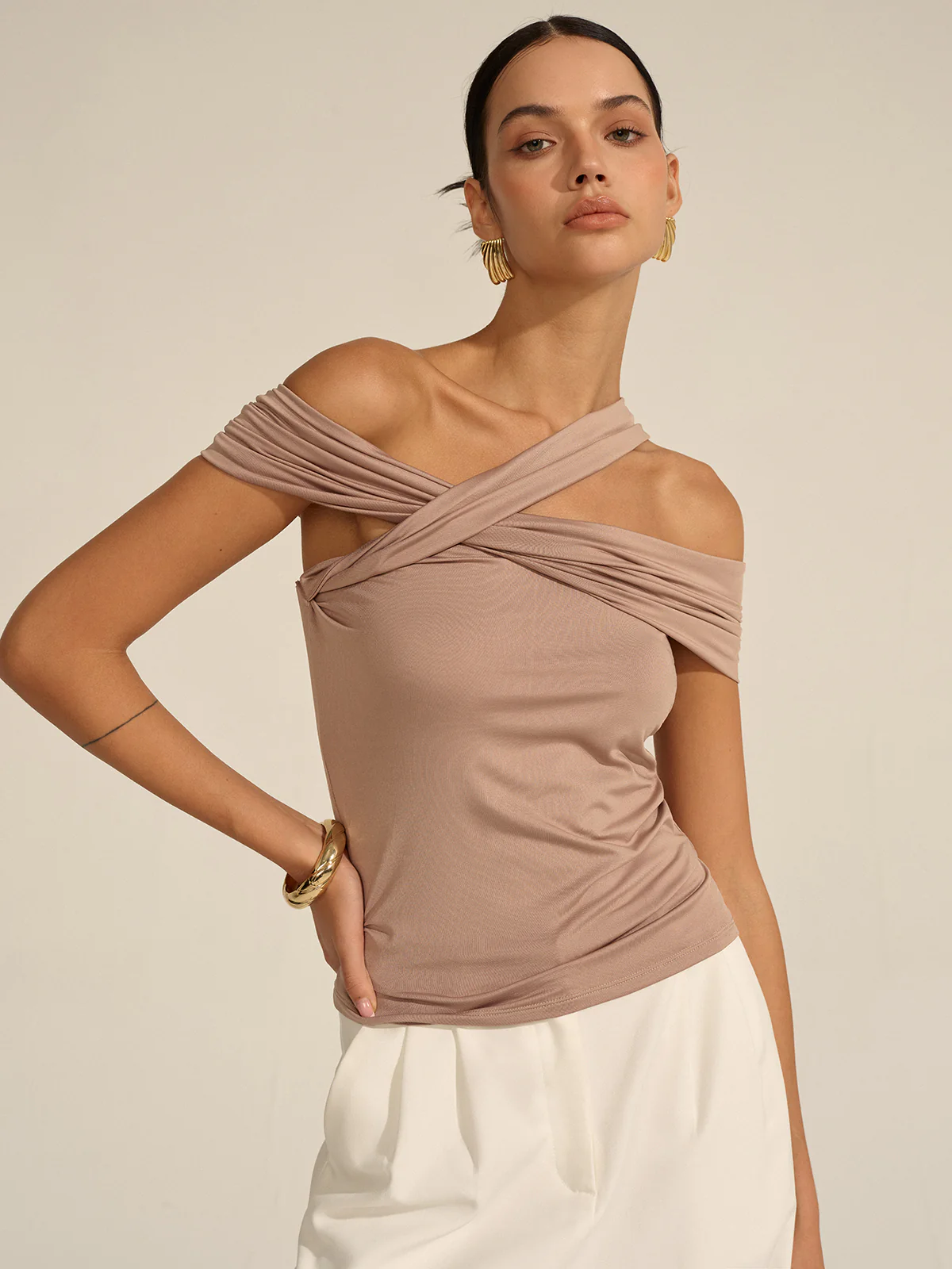 Asymmetrical Twist Off-Shoulder Top - Wholesalesil