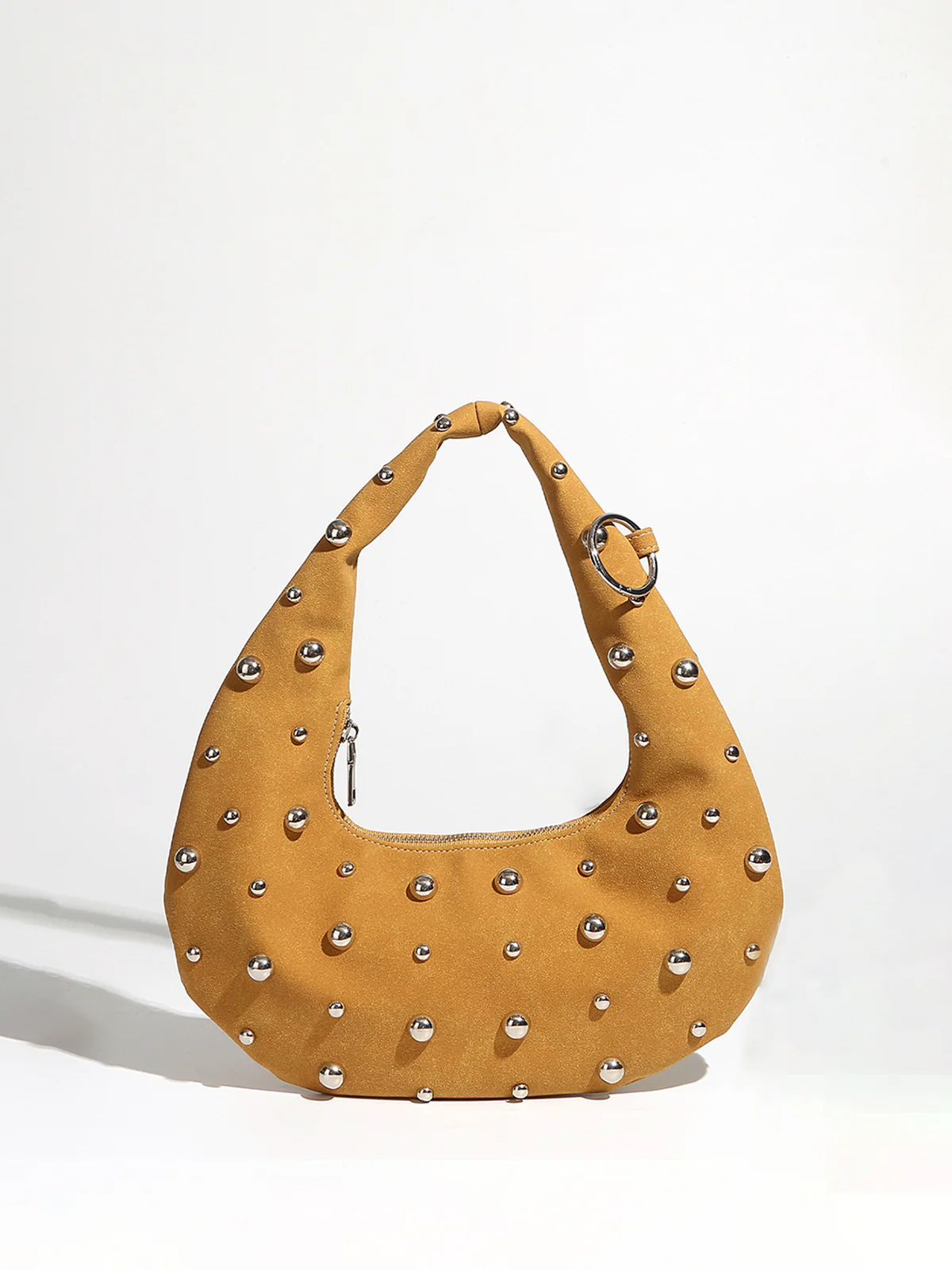 Stud-Embellished Hobo Bag with Zipper Detail - Wholesalesil
