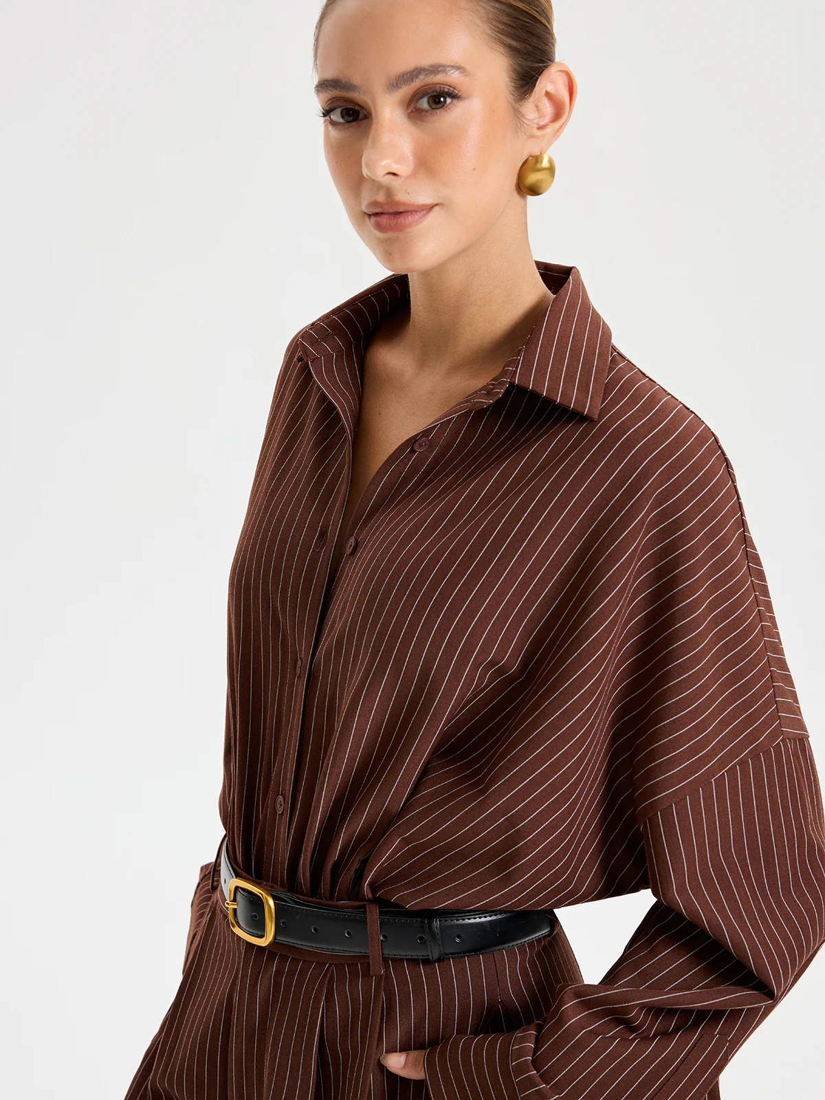 Shirt Collar Pinstripe Long Sleeve Bodysuit - Wholesalesil