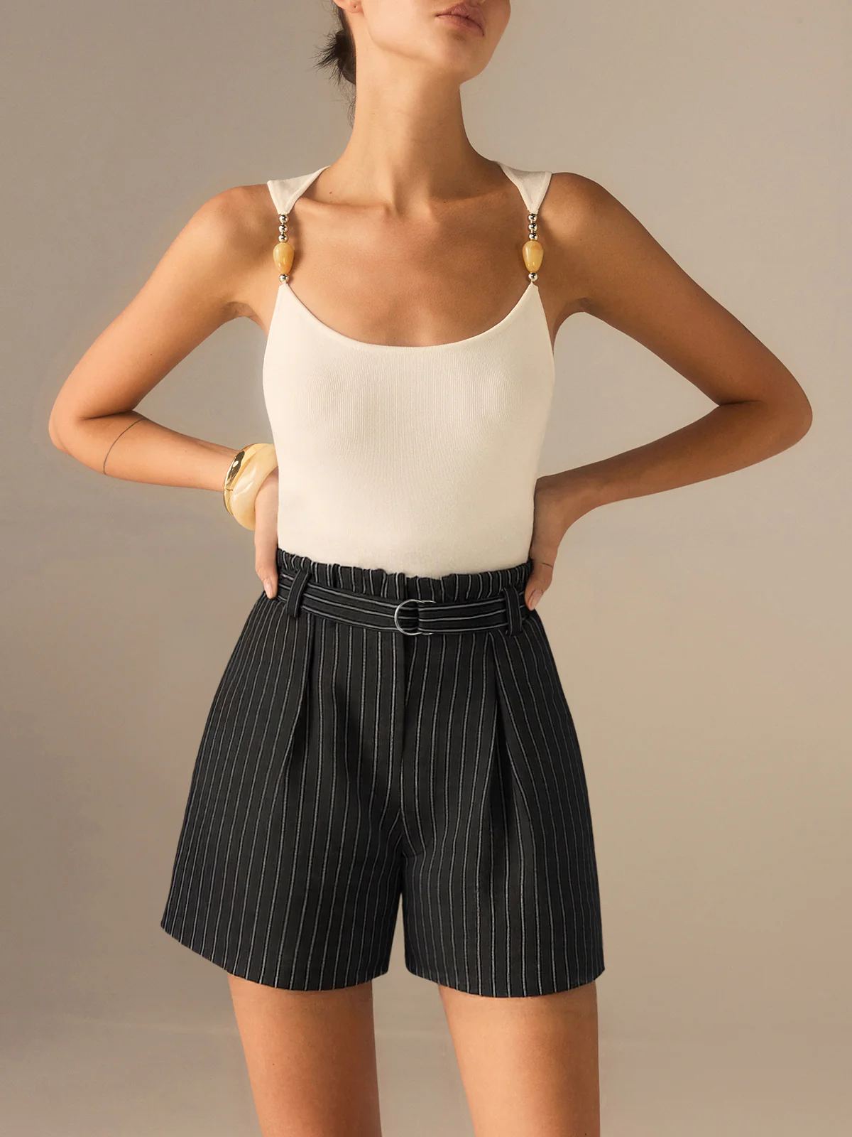 Belted Striped Shorts - Wholesalesil