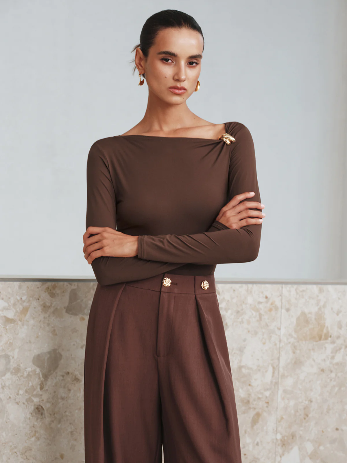 Metal Detail Asymmetric Neckline Bodysuit - Wholesalesil