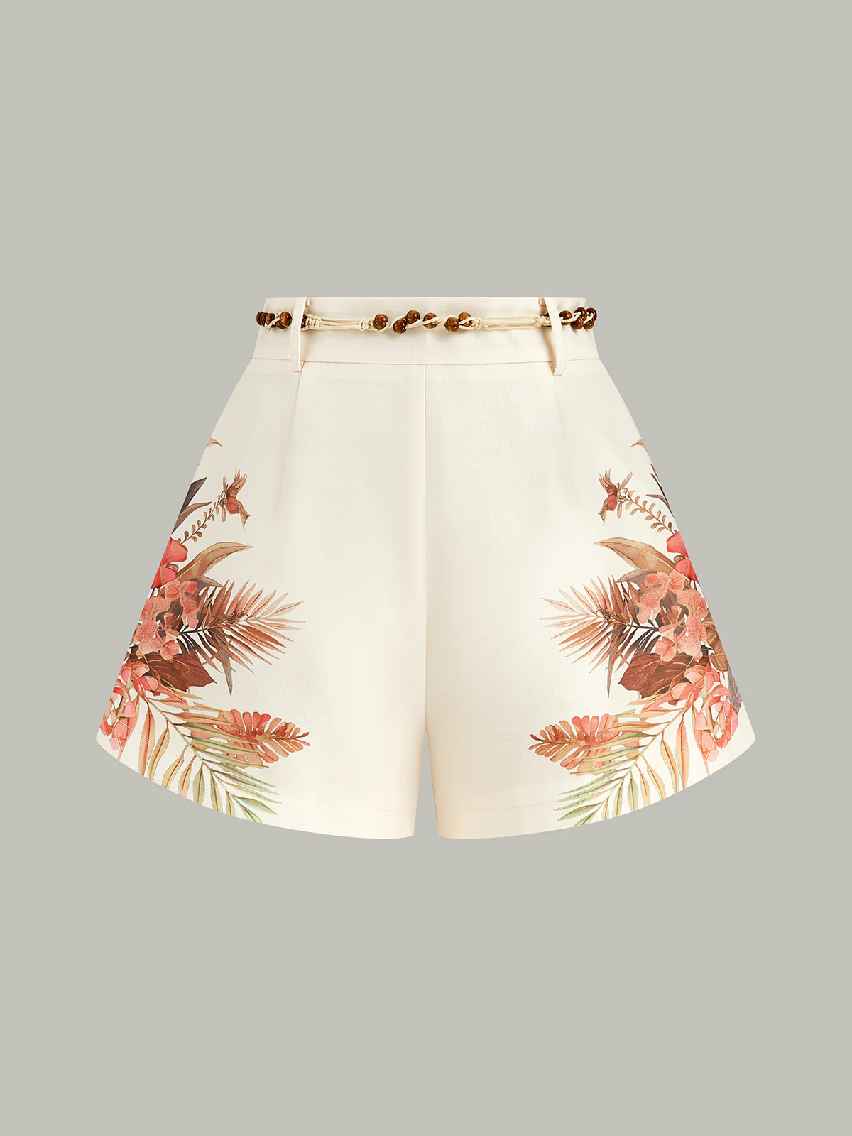 Belted Tropical Print Mid-Waist Shorts - Wholesalesil