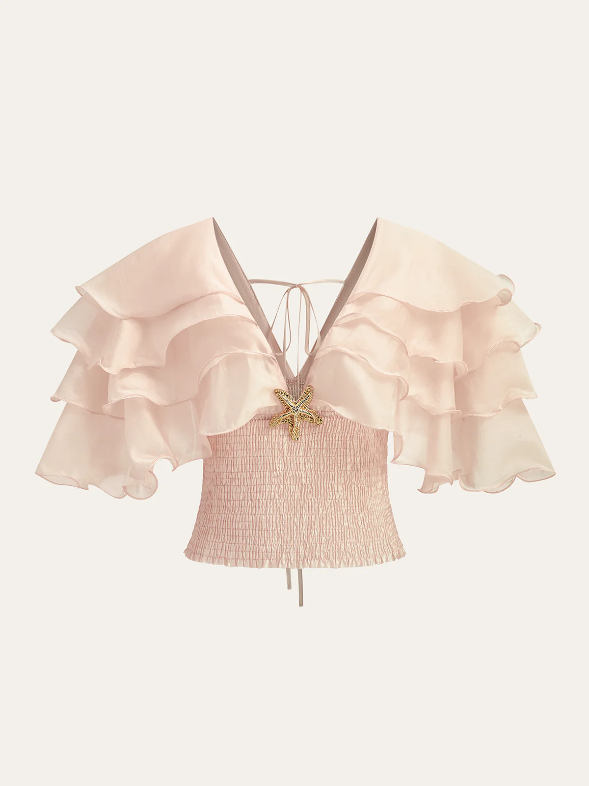 Semi-Sheer Ruffled Metal Decor Waist-Cinching Top - Wholesalesil