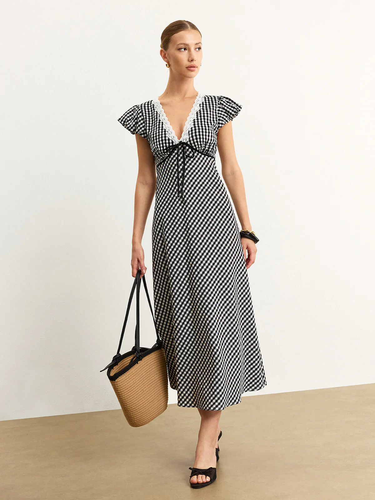 Gingham Lace-Trimmed Midi Dress - Wholesalesil