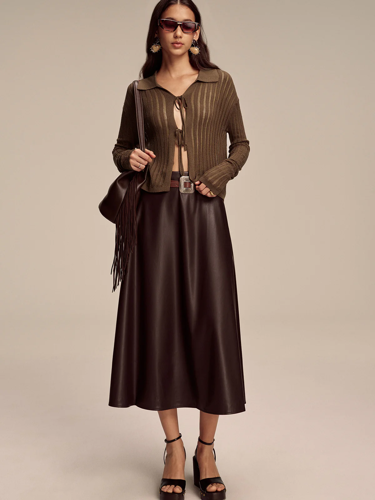 Polo Collar Tie-Front Knit Cardigan - Wholesalesil