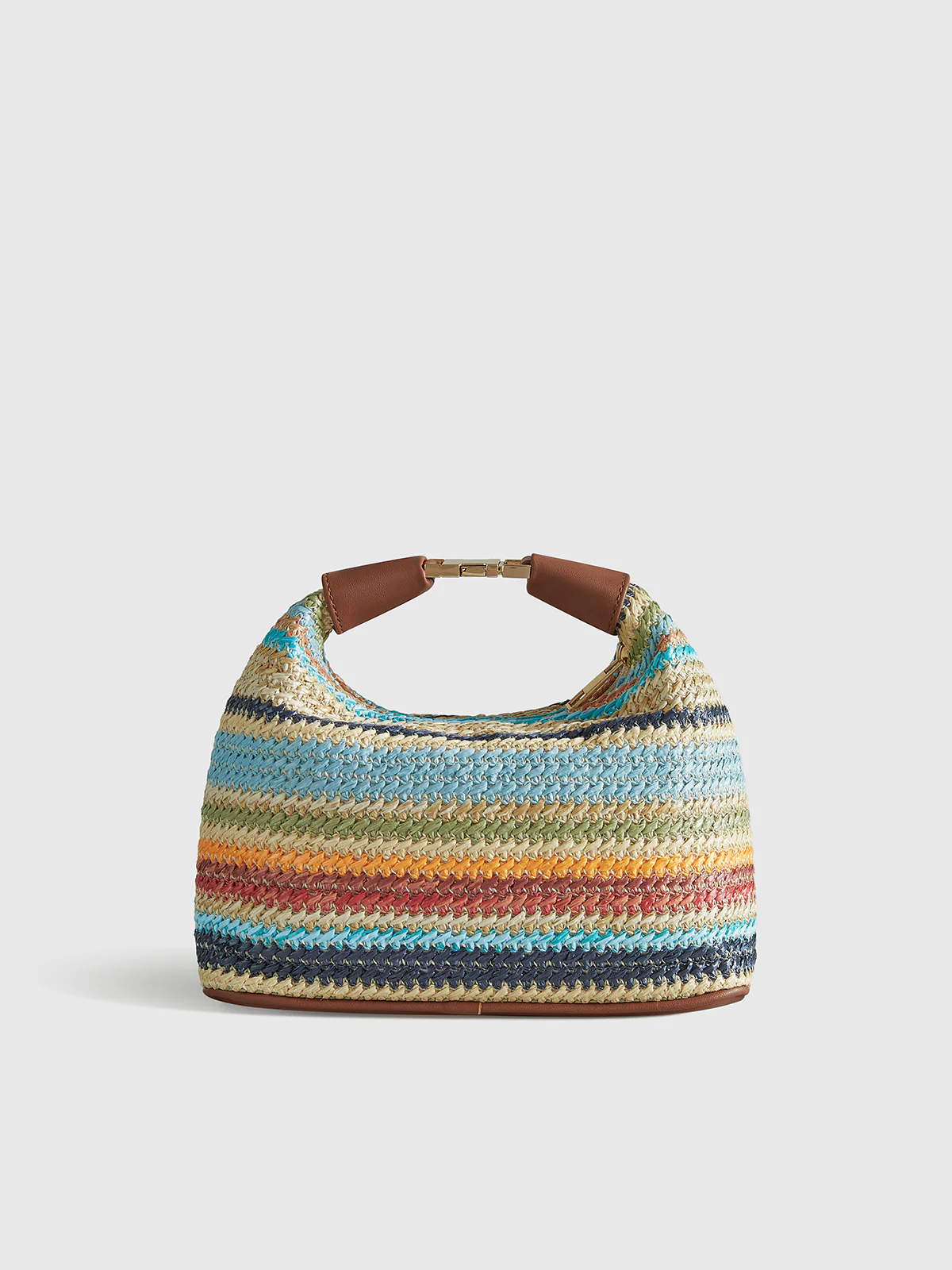 Color-Block Striped Straw Handbag with Leather Strap - Wholesalesil