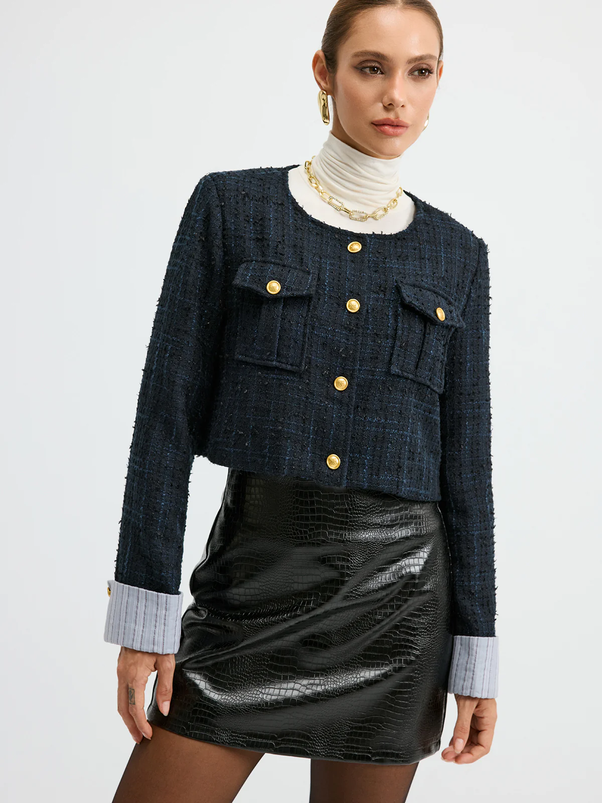 Tweed Cuffed-Sleeve Cropped Wool Blend Jacket - Wholesalesil