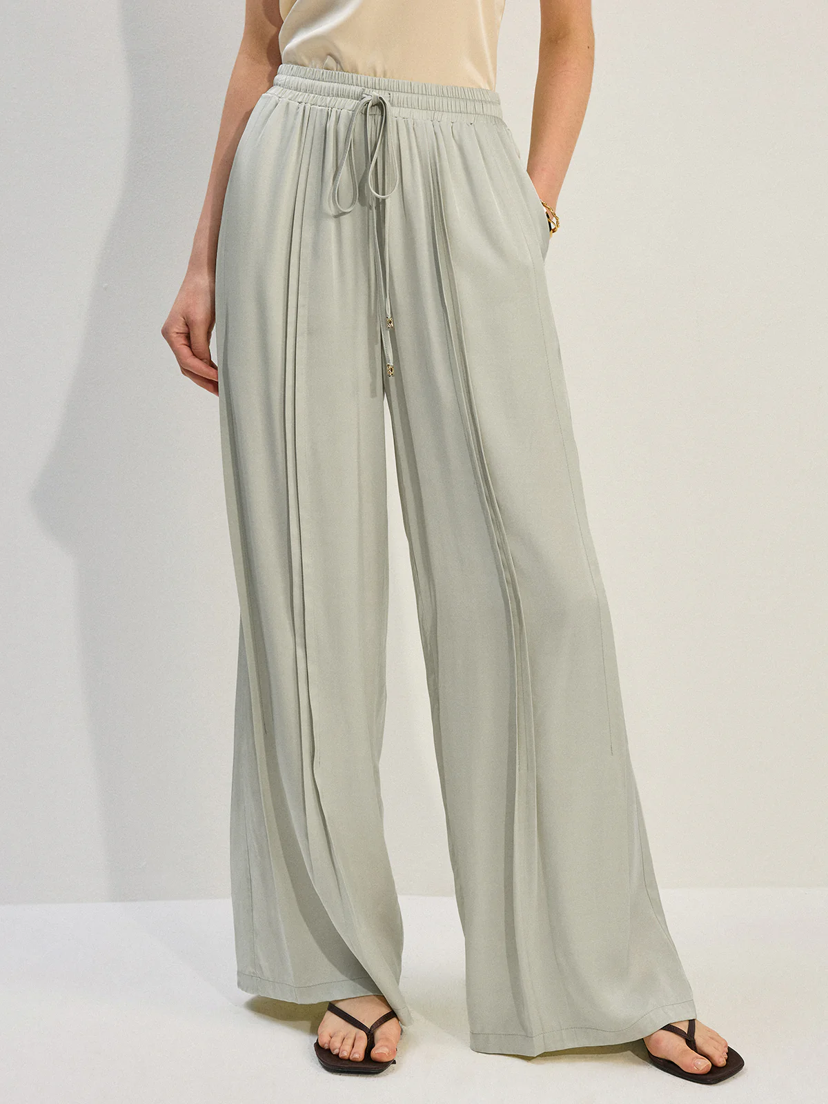 Tencel Rayon Satin Wide-Leg Pants with Pleats - Wholesalesil