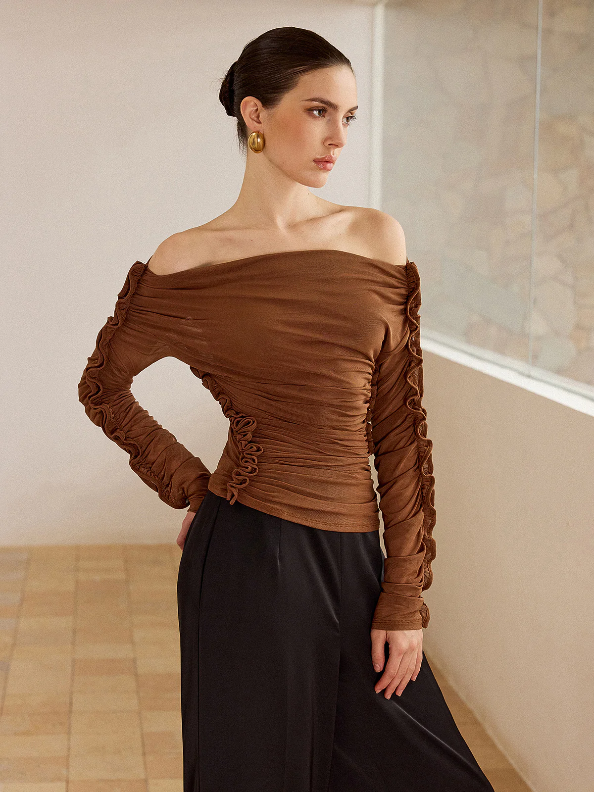 Off-Shoulder Ruched Top with Ruffled Sleeves - Wholesalesil