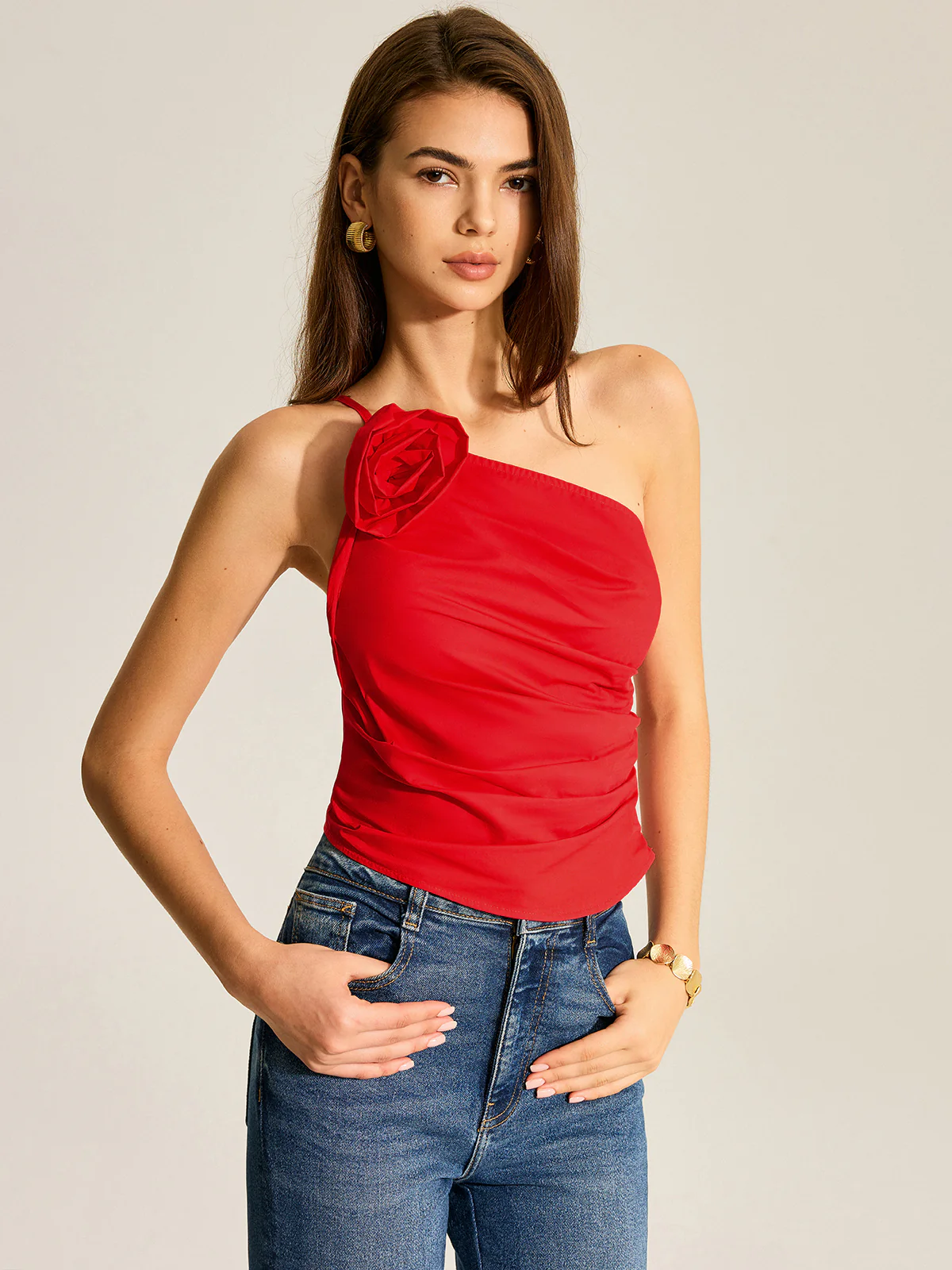 Floral One Shoulder Tank Top - Wholesalesil