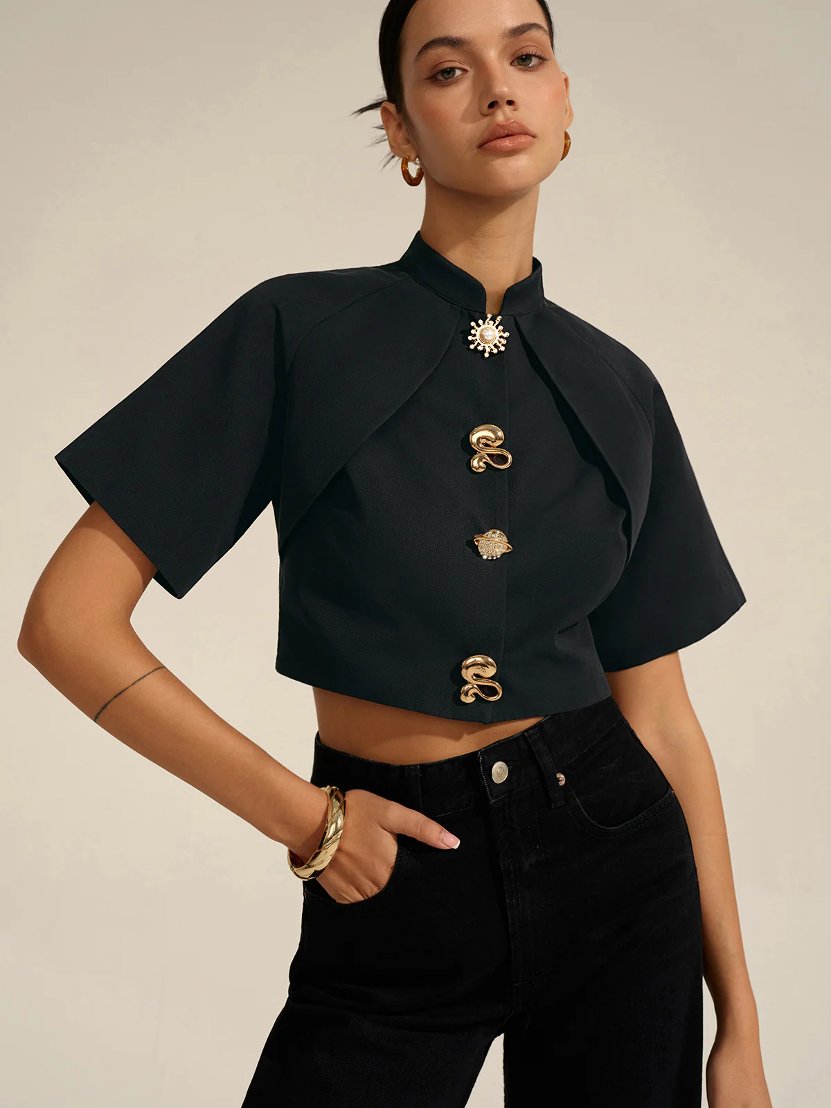 Metal Decor Cropped Blouse - Wholesalesil