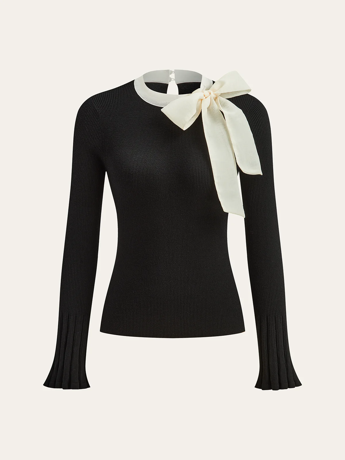 Bow Ribbed Flared Cuff Sweater - Wholesalesil