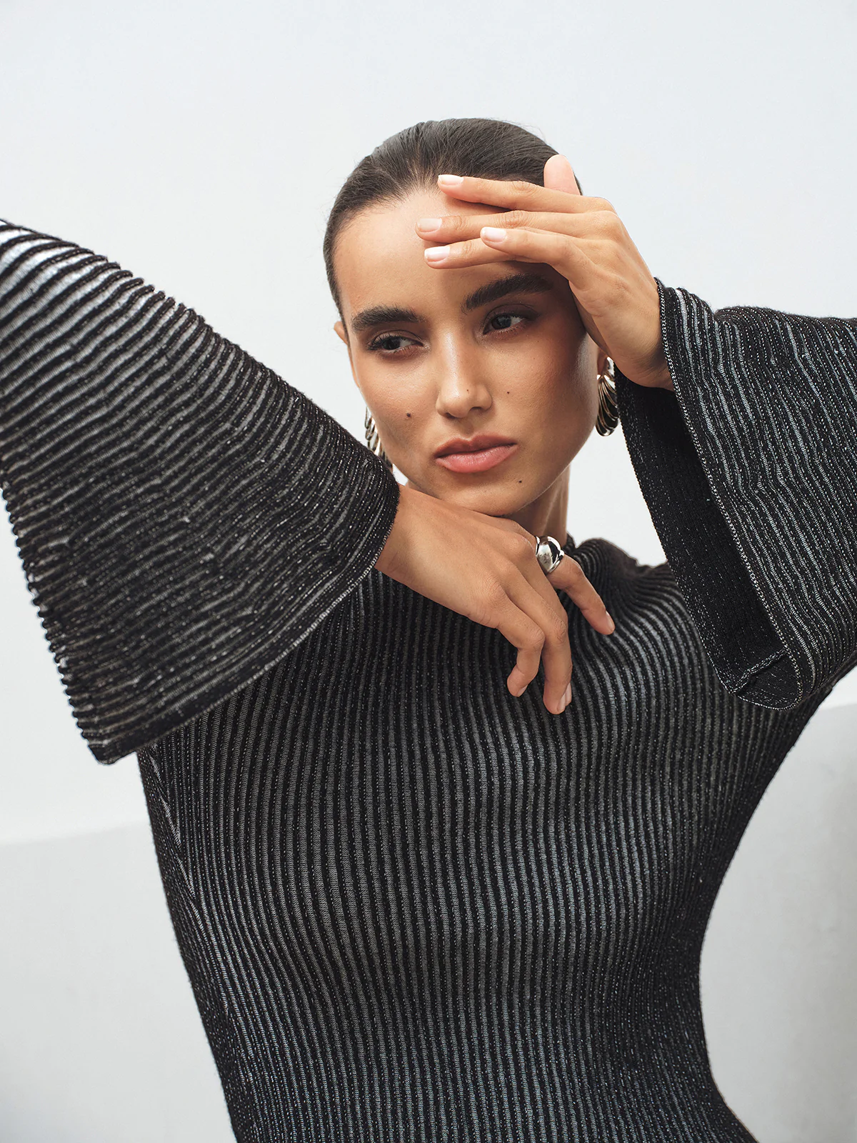 Flared Sleeve Striped Mock Neck Sweater - Wholesalesil