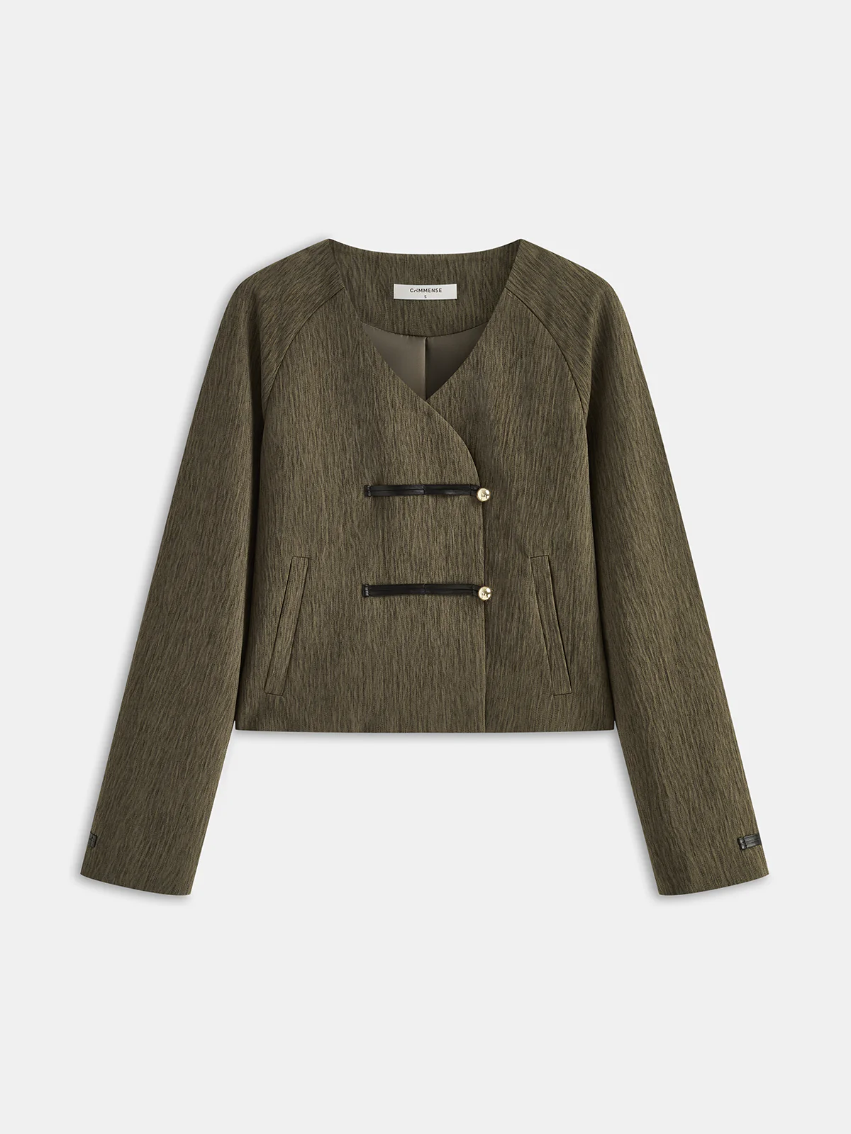 Cropped Jacket with Faux Leather Fasteners - Wholesalesil