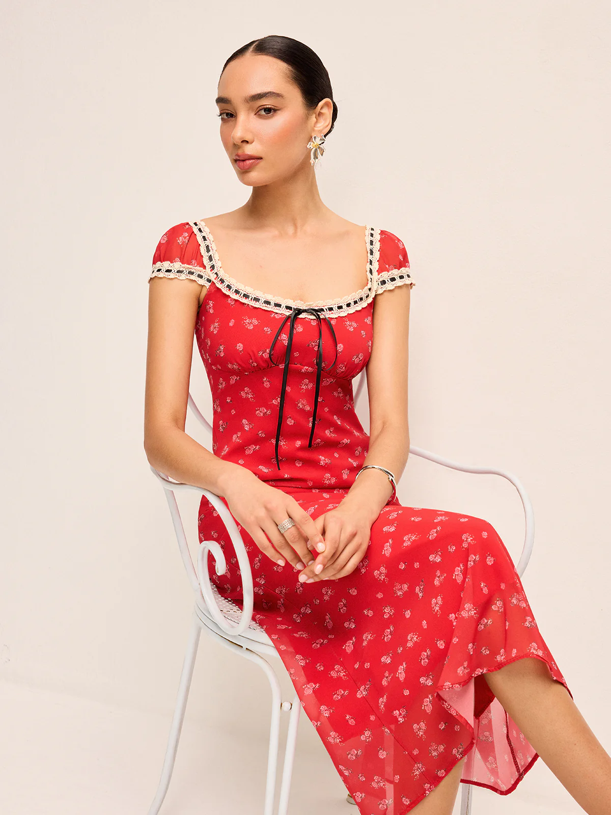 Floral Print Midi Dress with Lace Trim - Wholesalesil