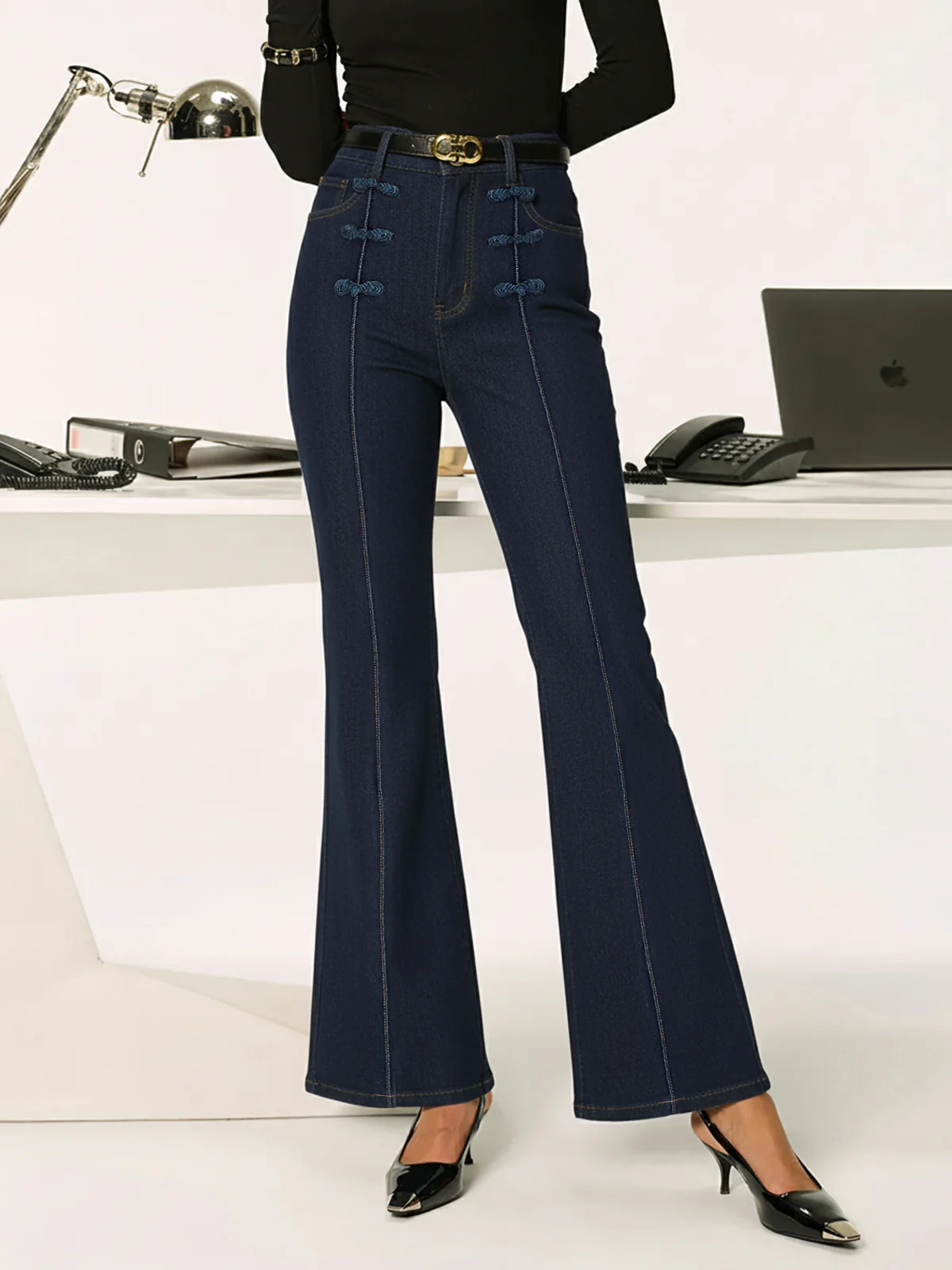 Mandarin Knot Slim Stretch Flare Denim Pants - Wholesalesil