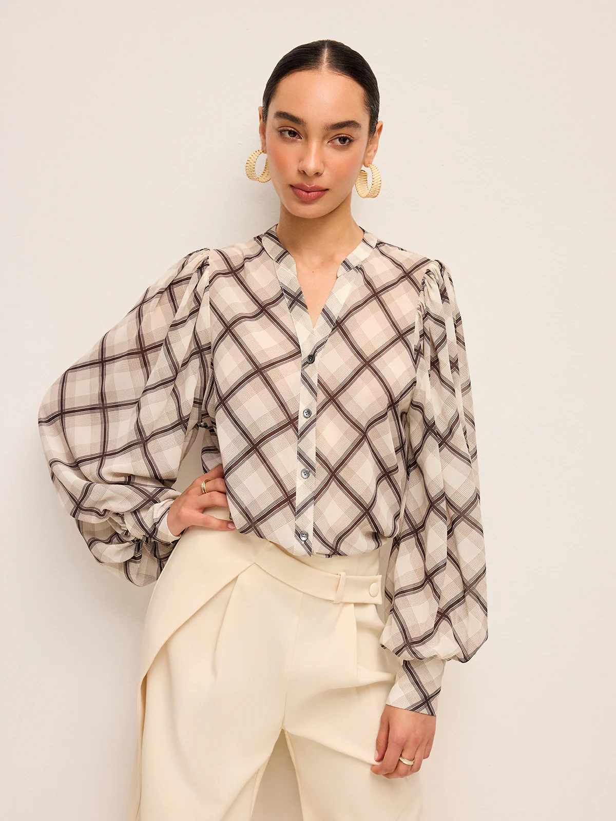 Long-Sleeve Plaid Chiffon Shirt With Neck-Tie Detail - Wholesalesil
