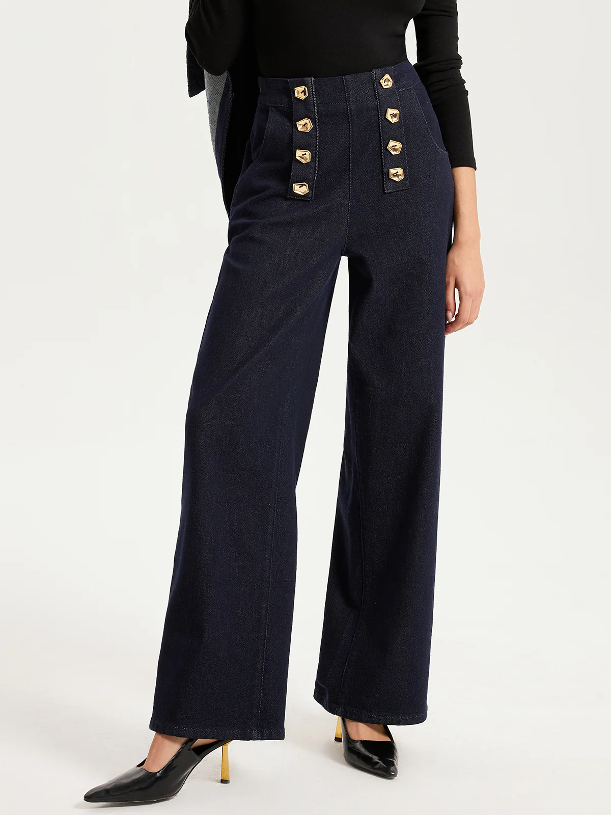 Metal Detail Denim Wide-Leg Jeans - Wholesalesil