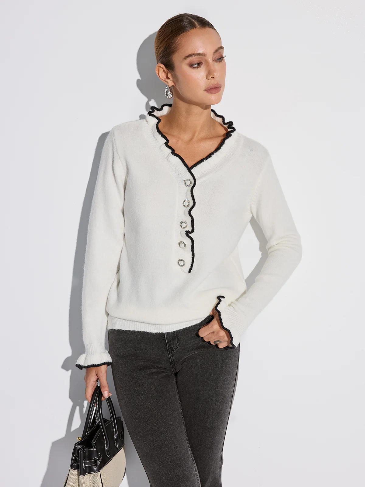 Contrast Ruffle Trim Button Sweater - Wholesalesil