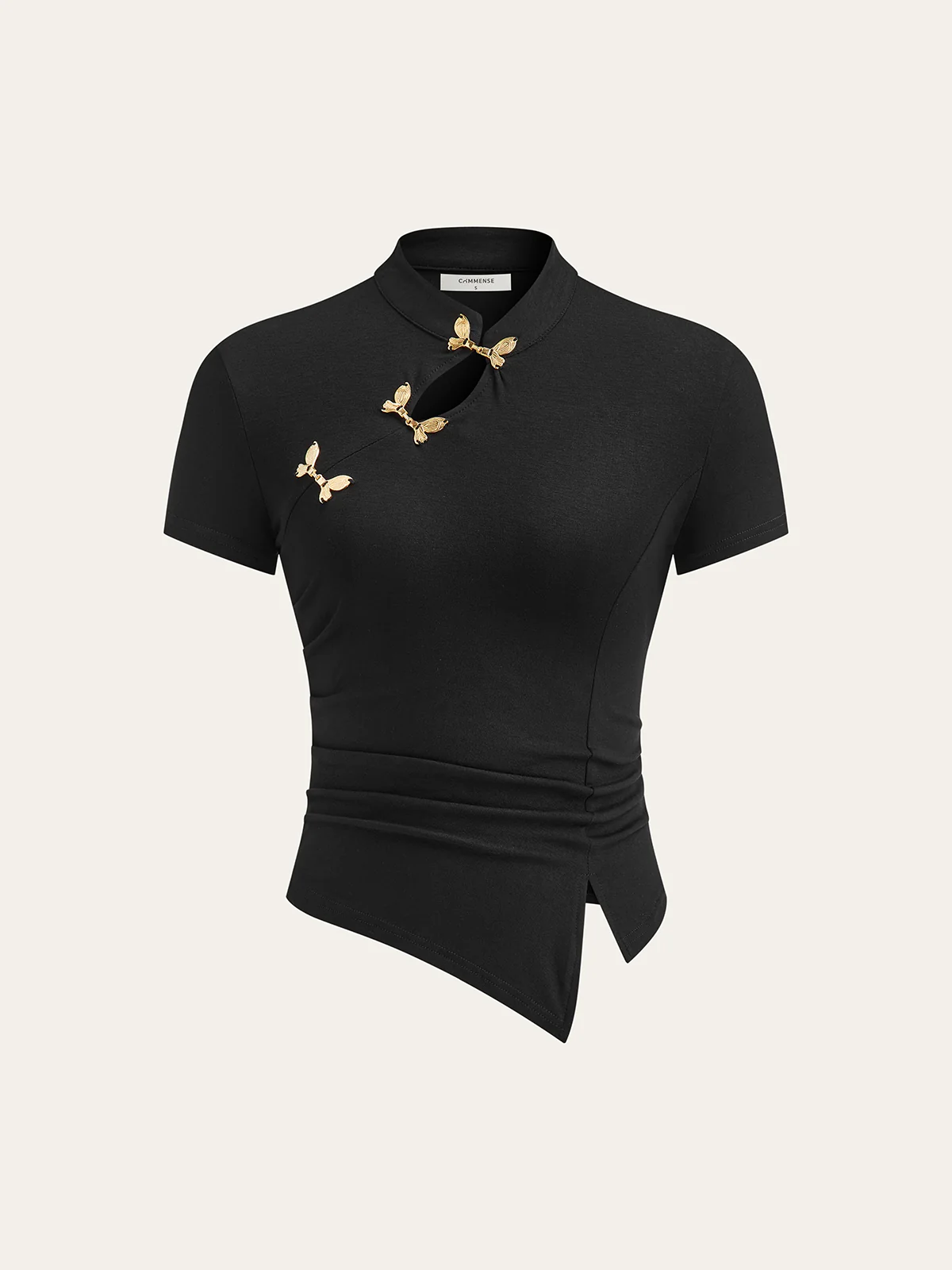 Metal Butterfly Detail Asymmetric Ruched Top - Wholesalesil