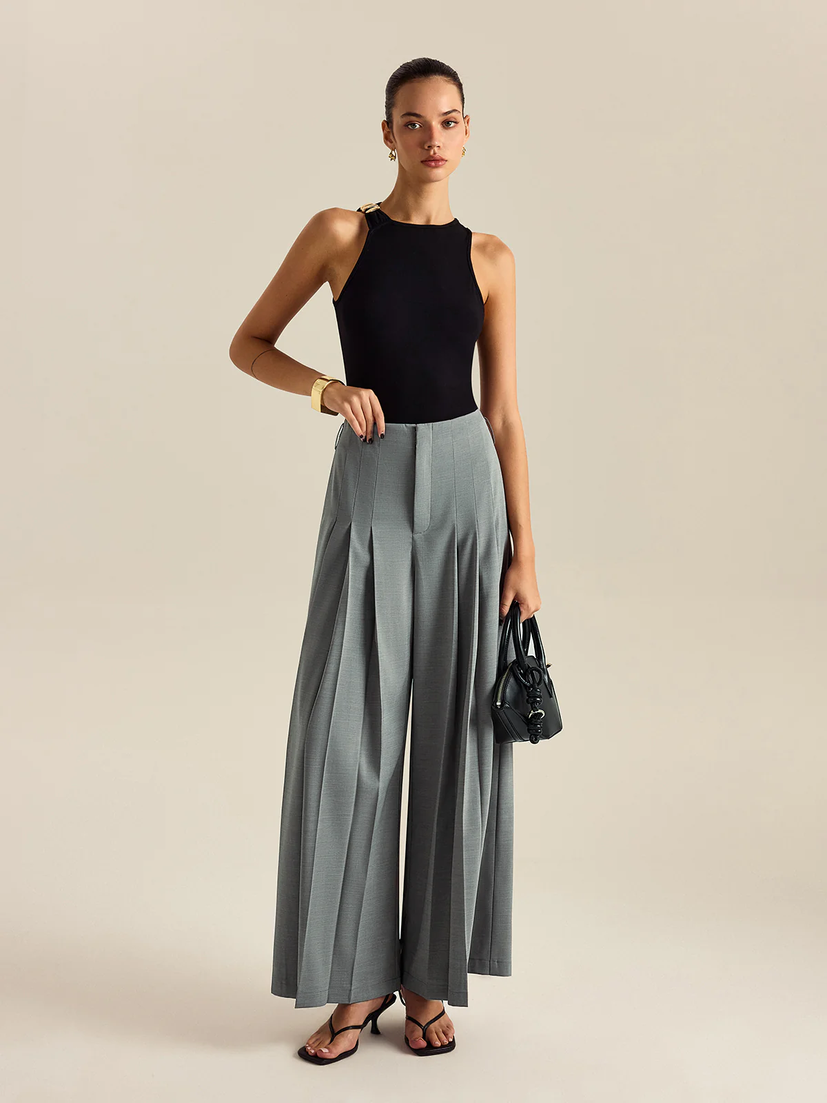 Pleated Wide-Leg Pants - Wholesalesil