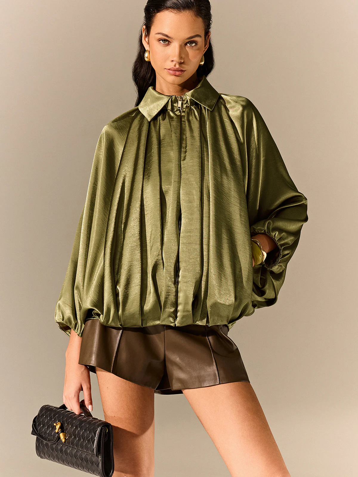 Satin Pleated Lantern-Sleeve Shirt Jacket - Wholesalesil