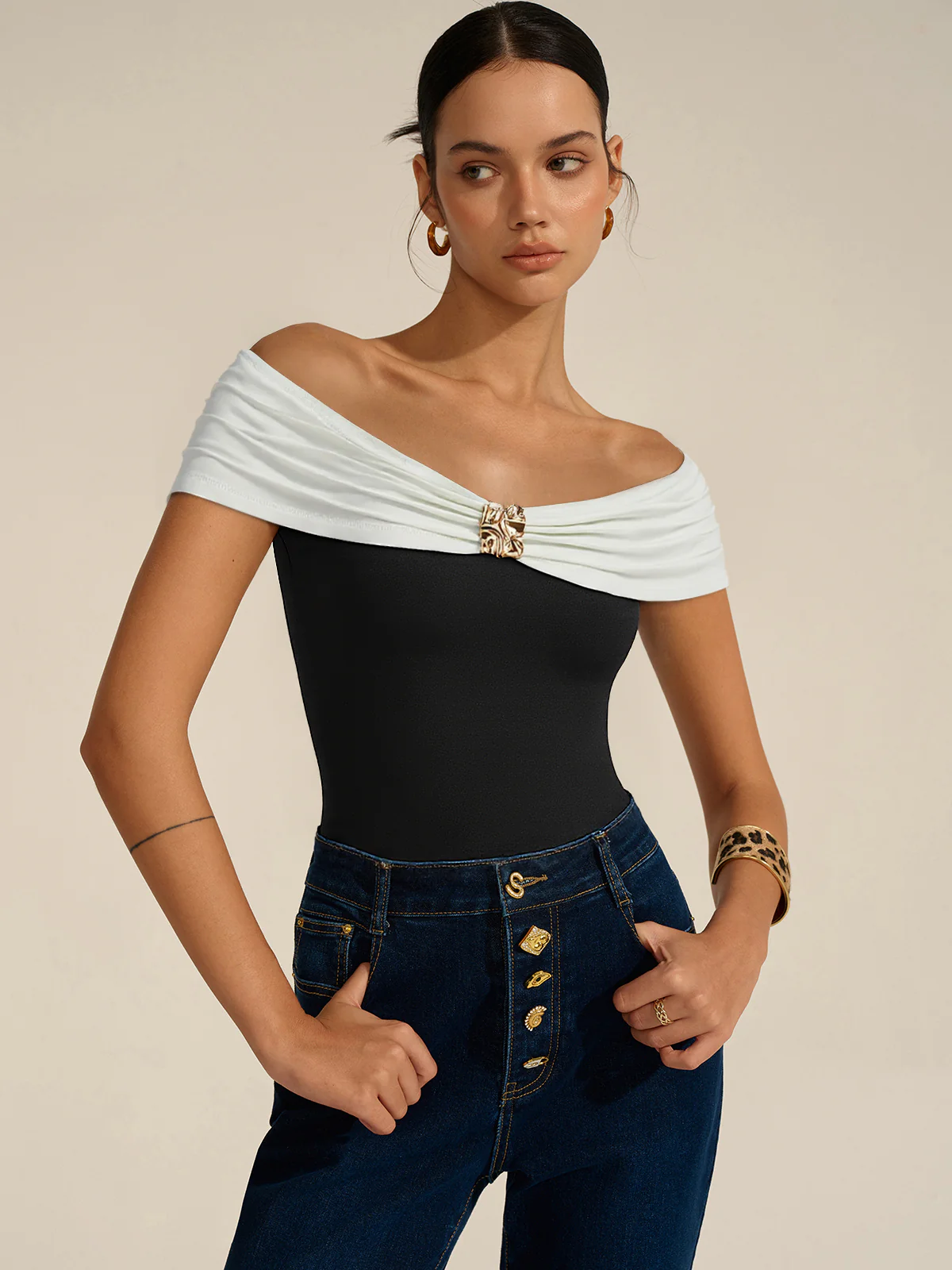 Metal Decor Off-Shoulder Bodysuit - Wholesalesil
