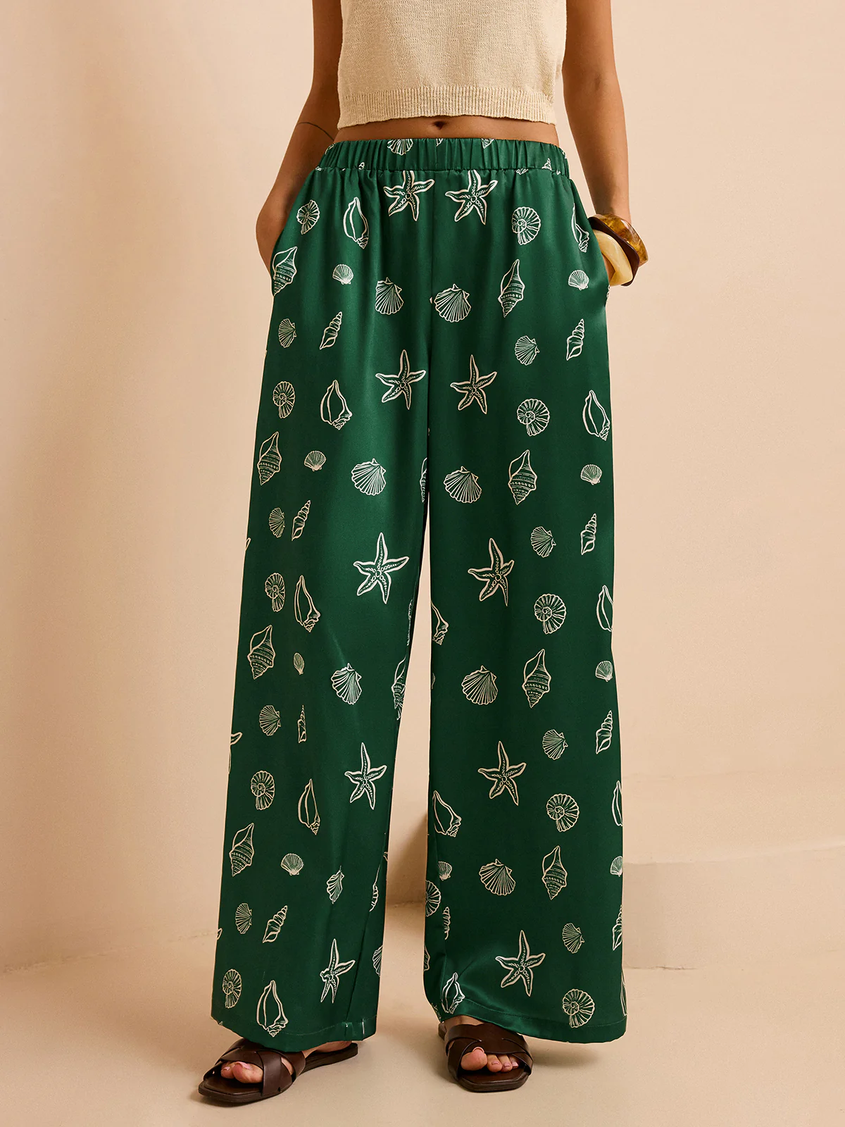 Oversized Mid-Waist Pants with Seashell and Starfish Prints - Wholesalesil