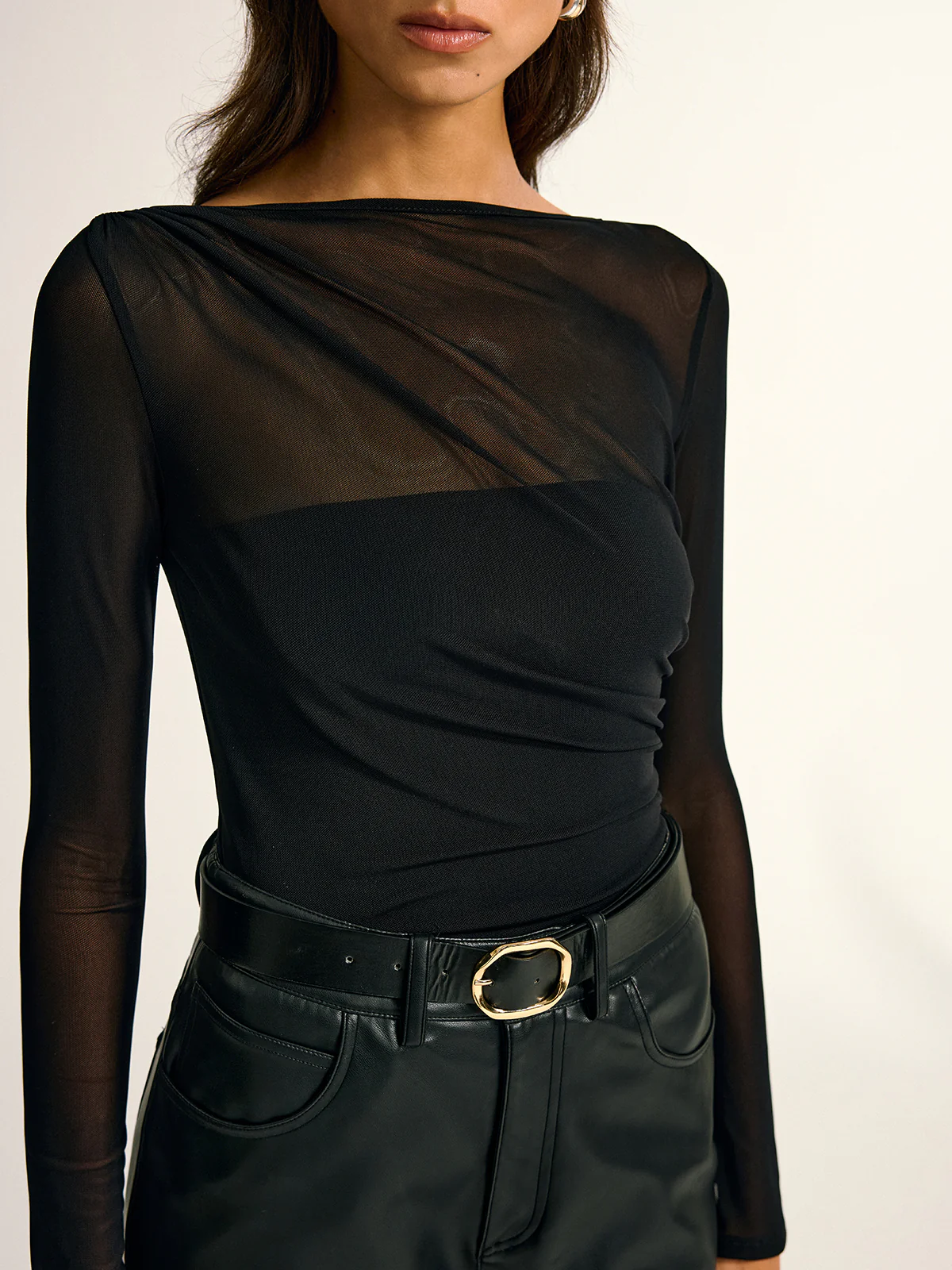 Mesh Panel Ruched Long Sleeve Bodysuit - Wholesalesil