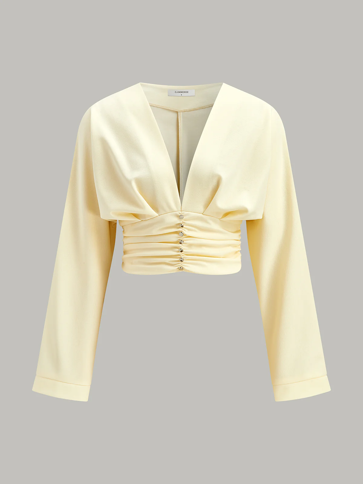 V-Neck Ruched Waist Decor Button Crop Blouse - Wholesalesil