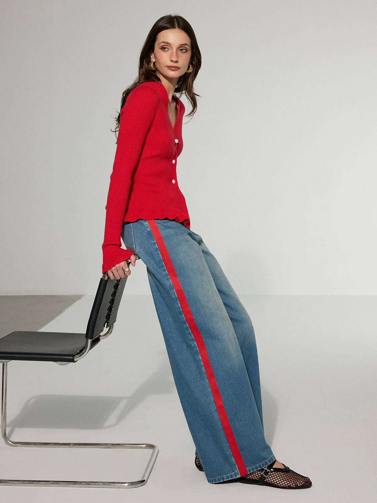 Contrast Side Striped Wide-Leg Jeans - Wholesalesil