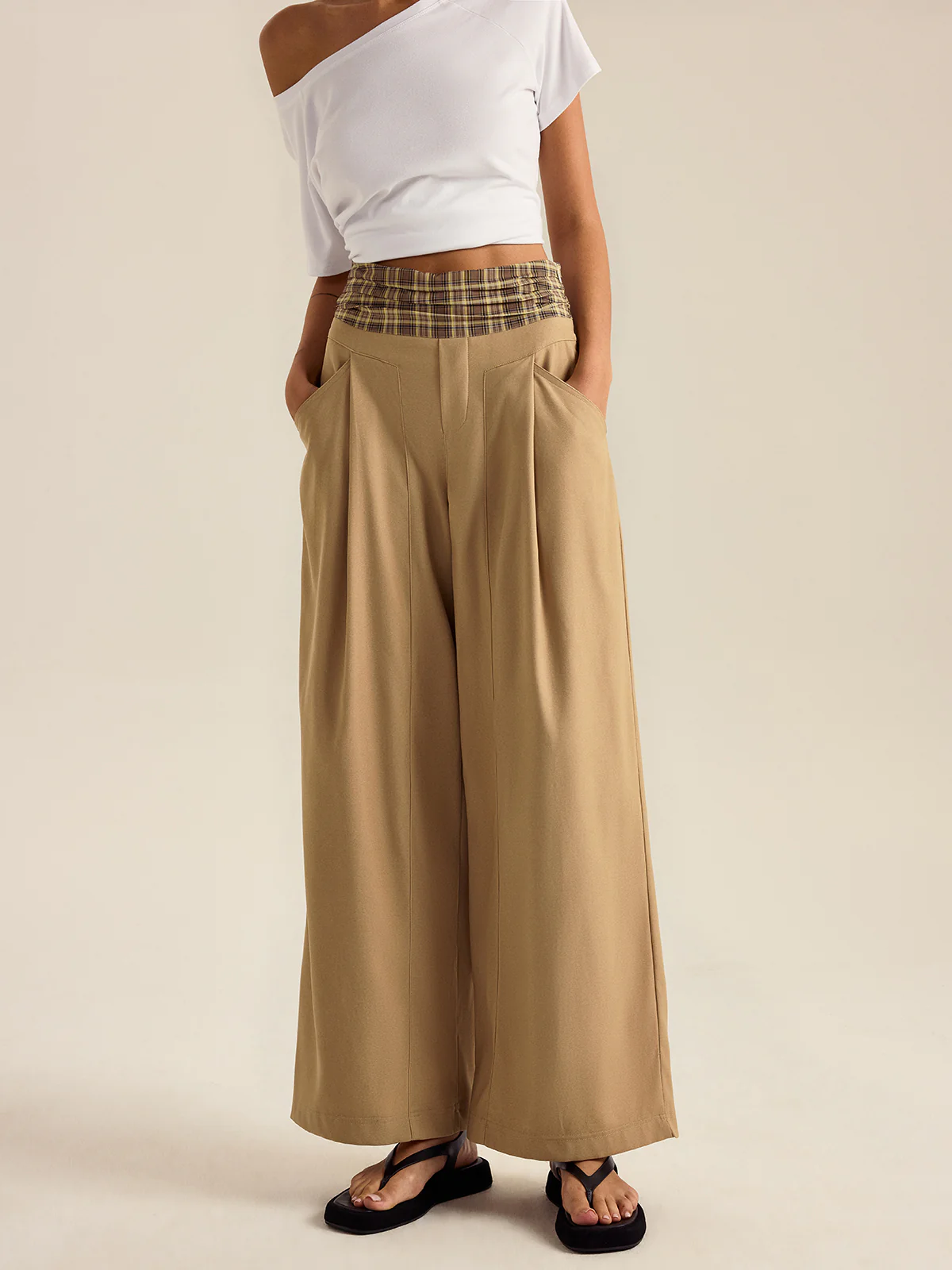Pocketed Gingham Wide-Leg Pants - Wholesalesil