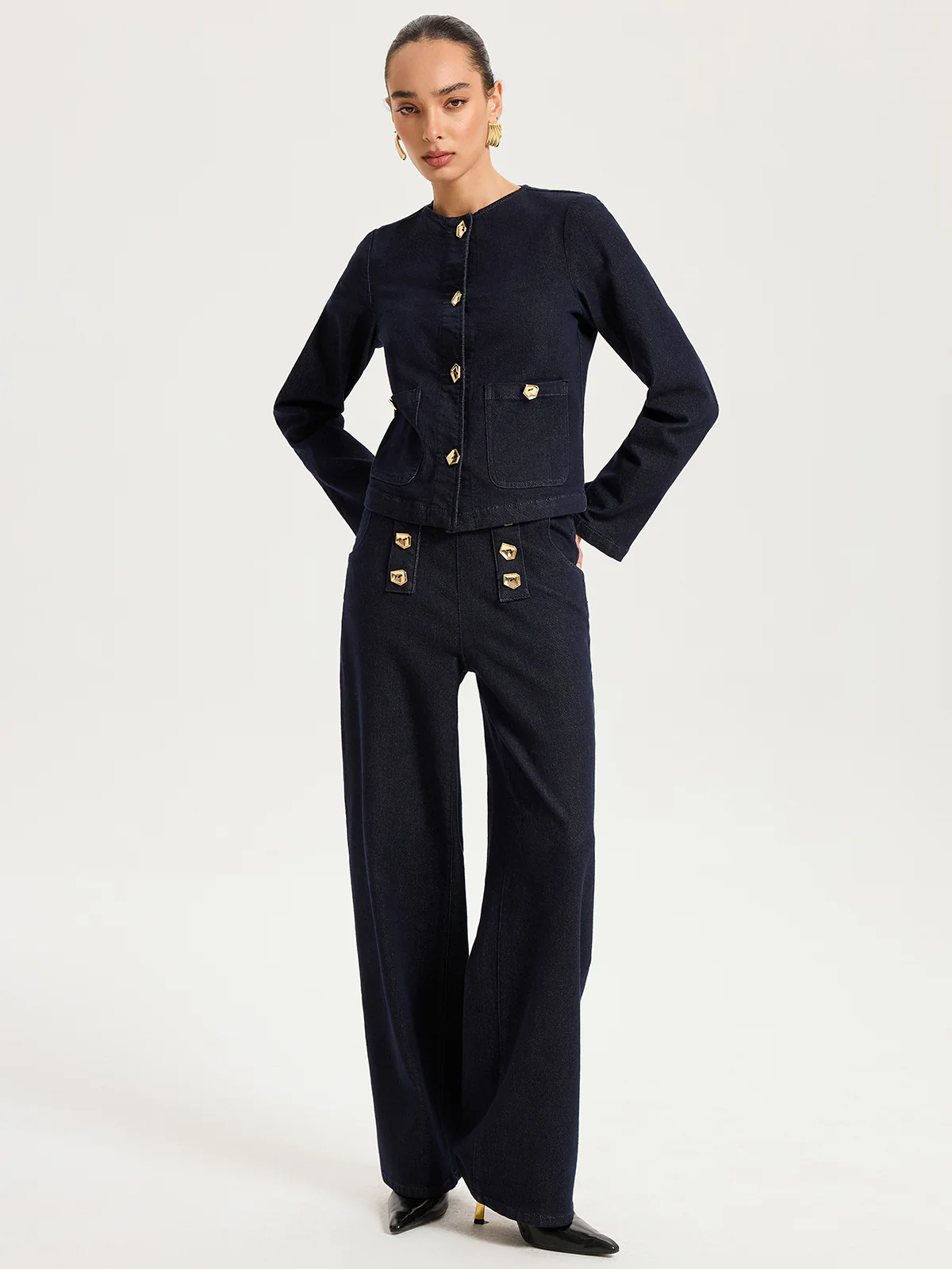 Metal Detail Denim Wide-Leg Jeans - Wholesalesil