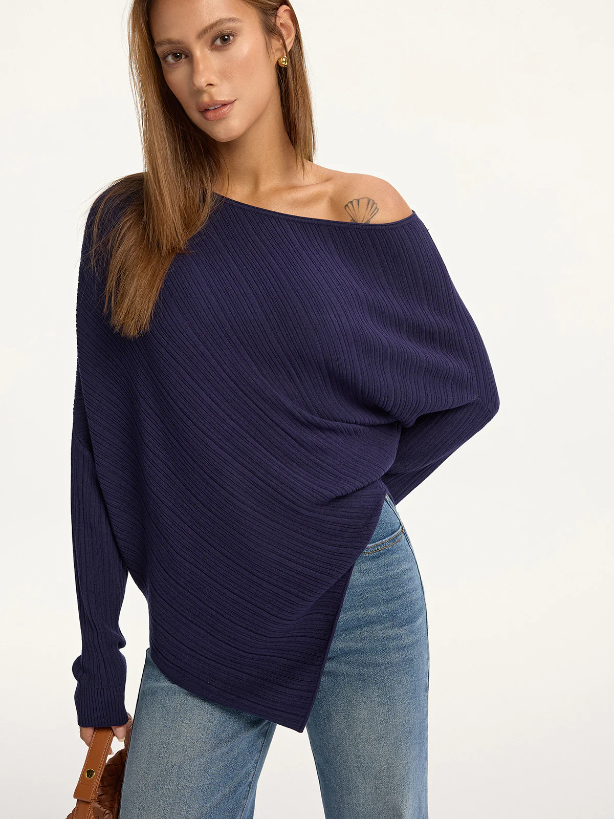Textured Off-Shoulder Asymmetric Sweater - Wholesalesil