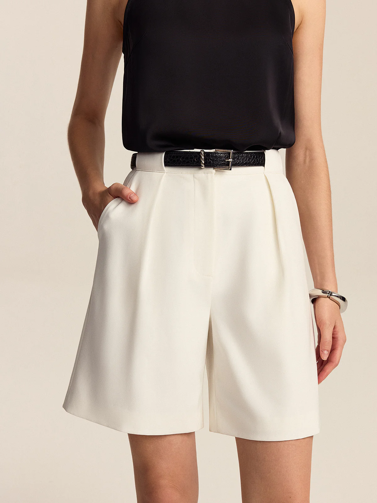 Belted Pleated Mid-Waisted Shorts - Wholesalesil
