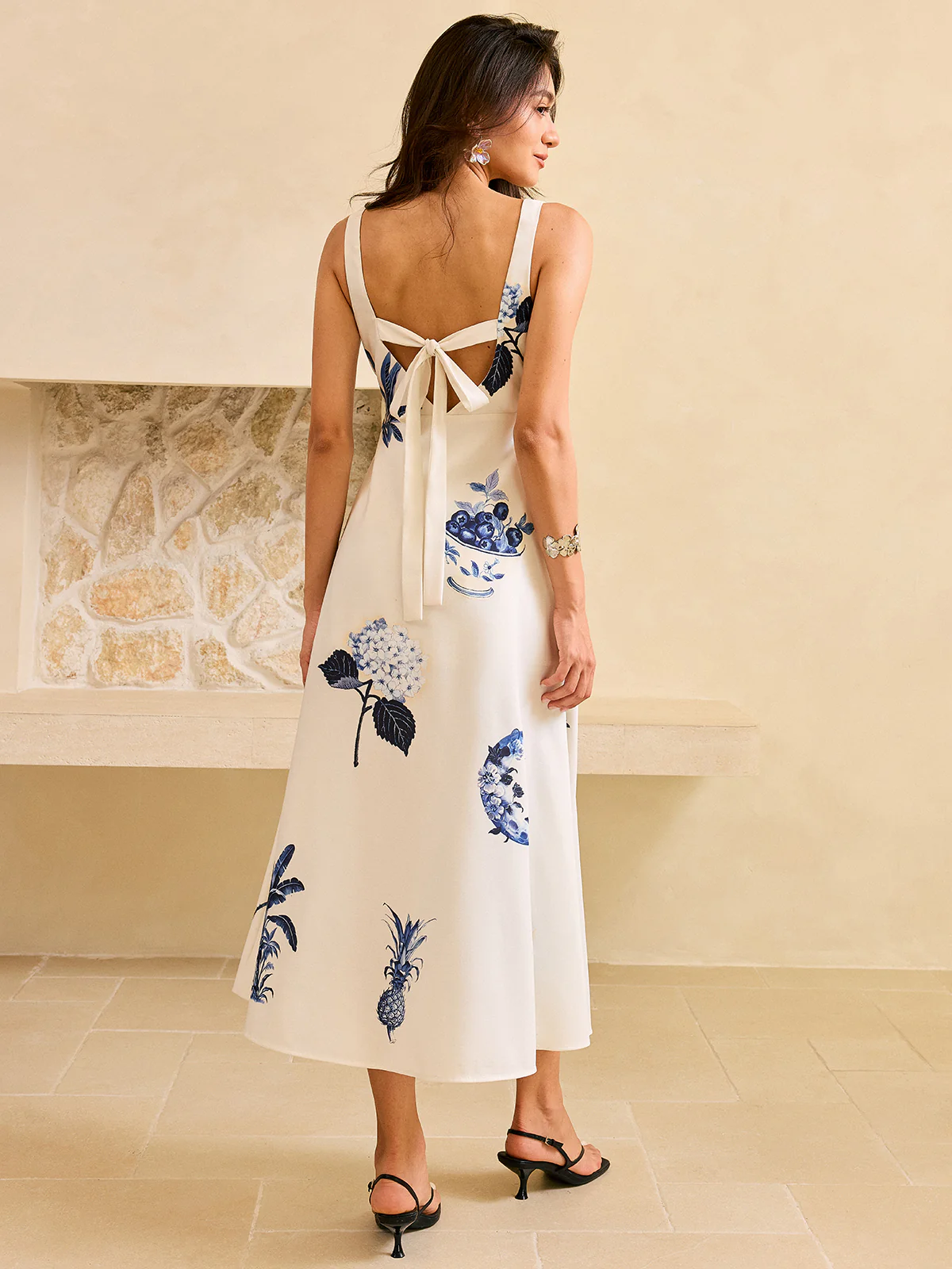 Tropical Print Square Neck Midi Dress - Wholesalesil