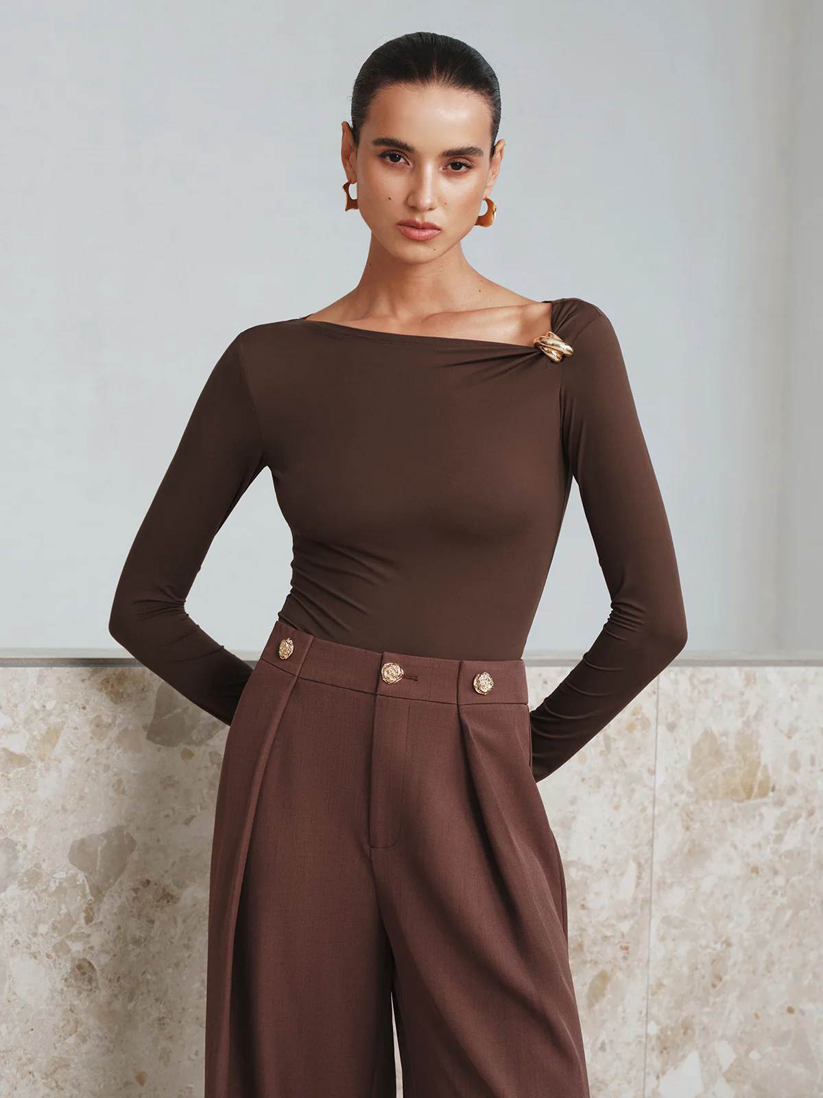 Metal Detail Asymmetric Neckline Bodysuit - Wholesalesil