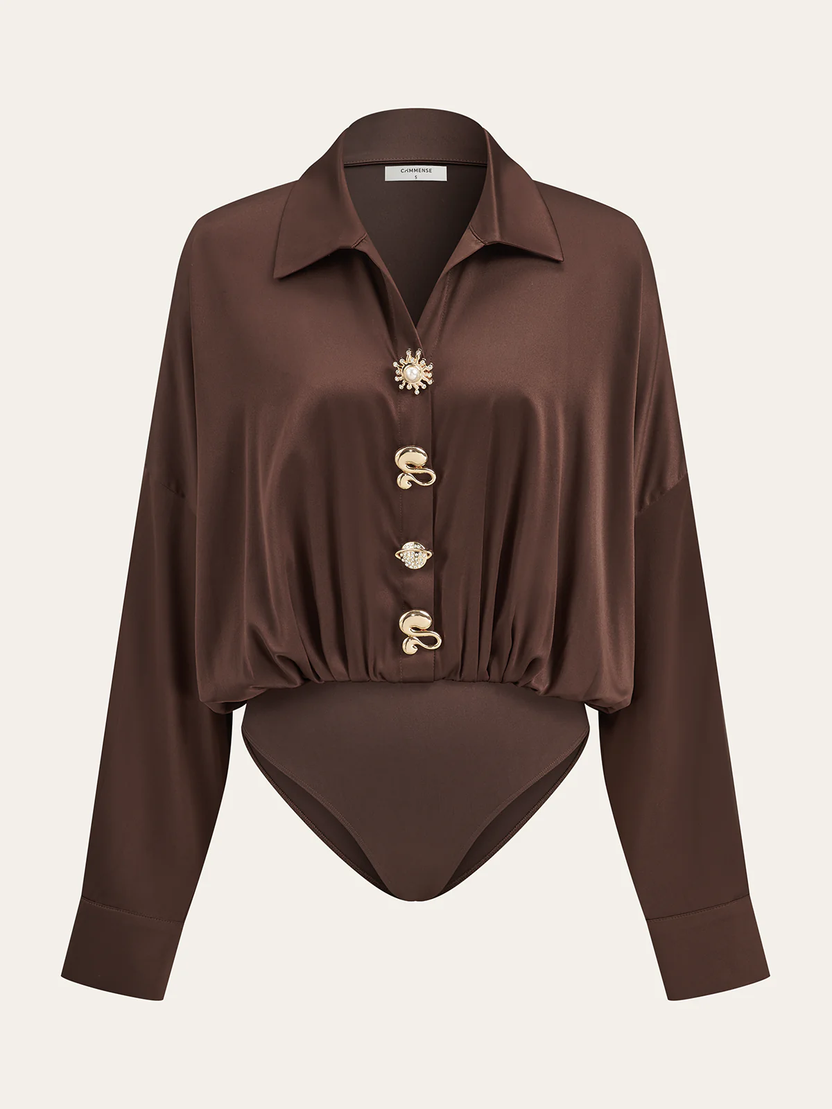 Satin Collar Metal Button Bodysuit - Wholesalesil