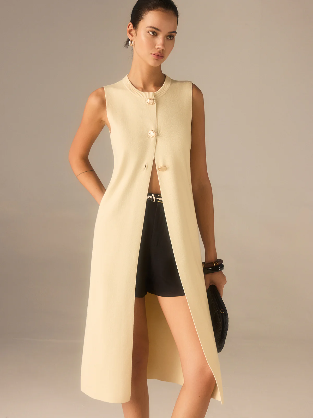 Sleeveless Knit Midi Top with Metal Button Front - Wholesalesil