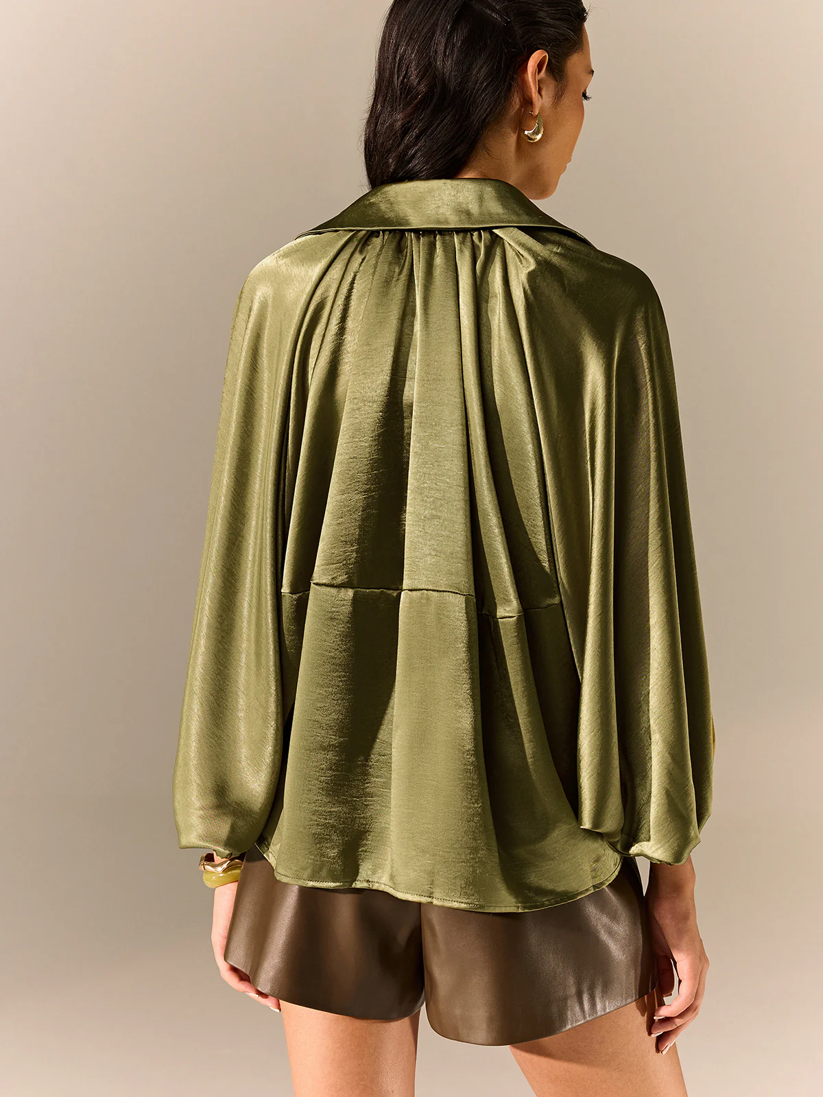 Satin Pleated Lantern-Sleeve Shirt Jacket - Wholesalesil