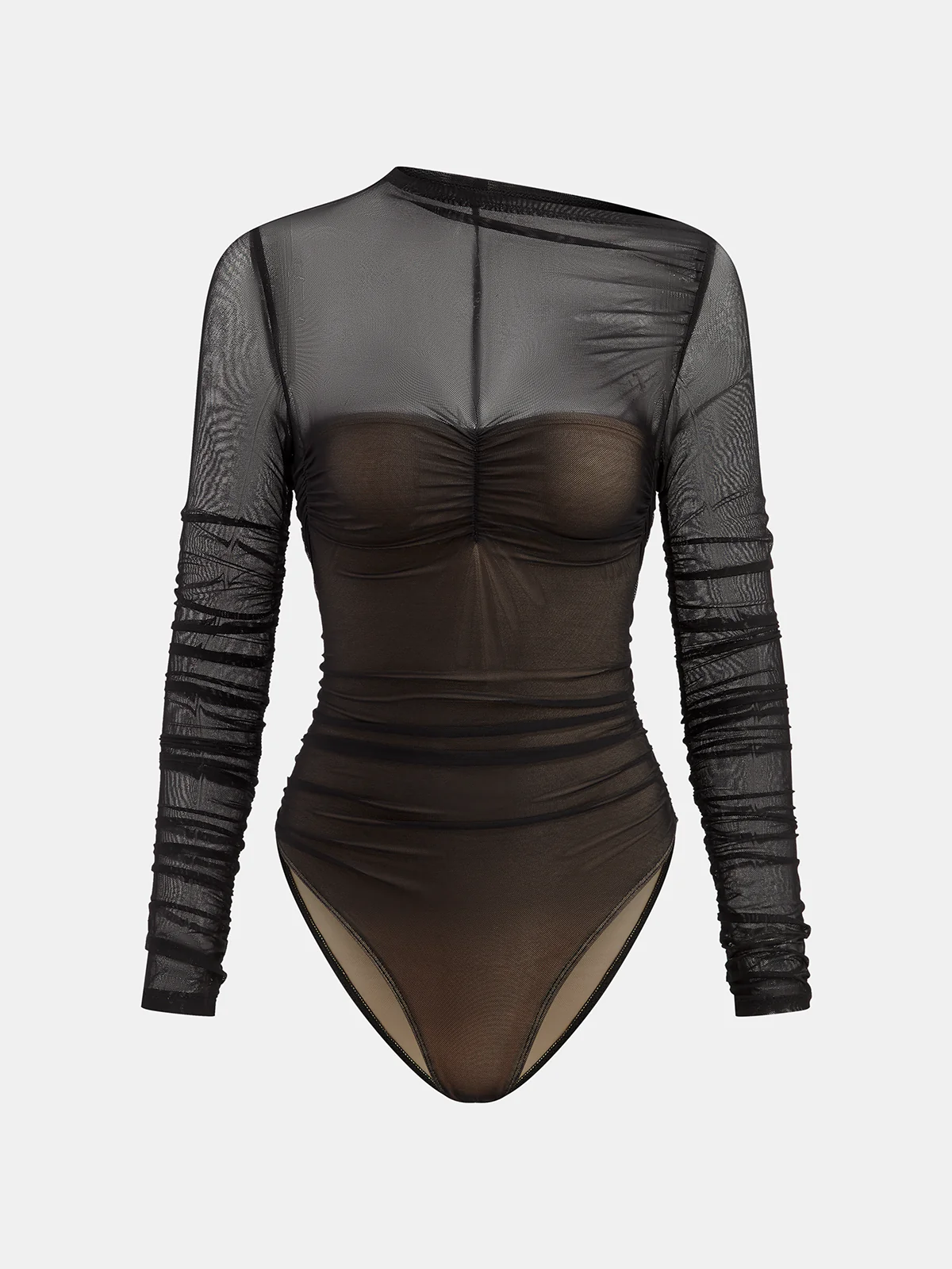 Sheer Mesh Ruched Long Sleeve Bodysuit - Wholesalesil
