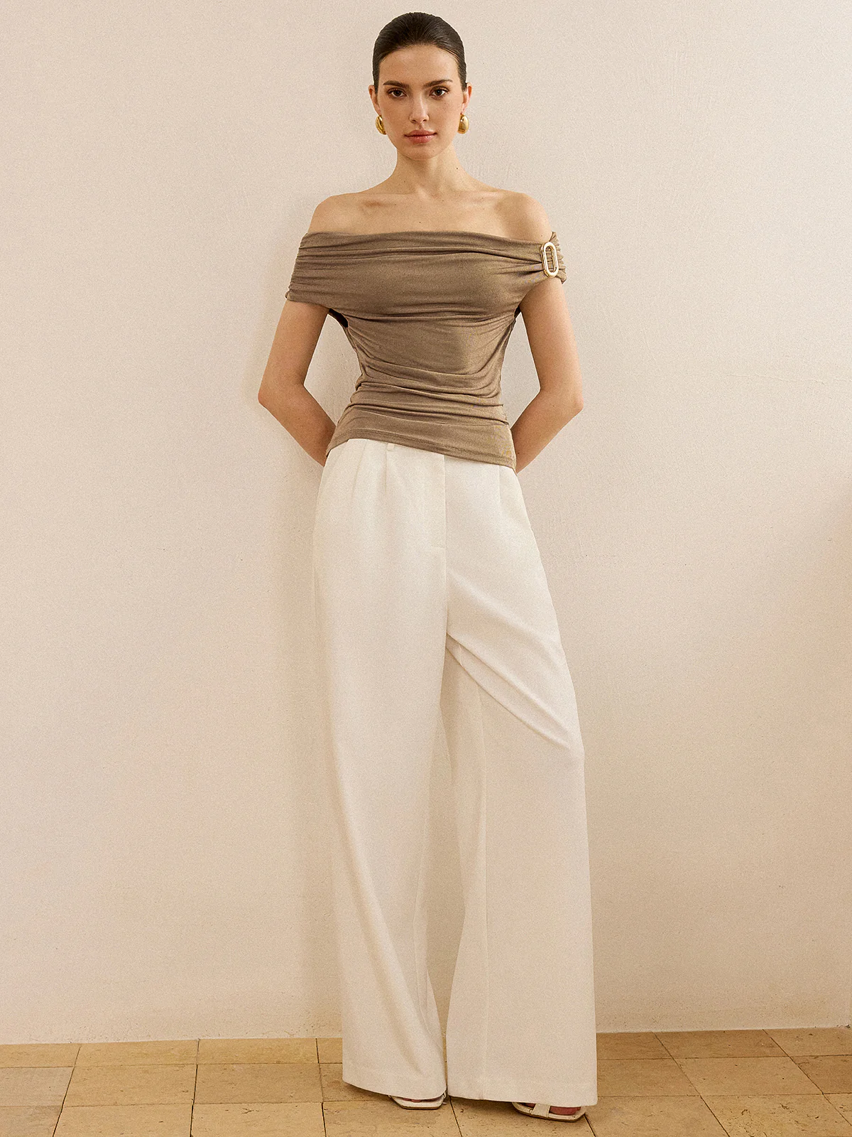 Off-Shoulder Ruched Top with Metal Buckle - Wholesalesil