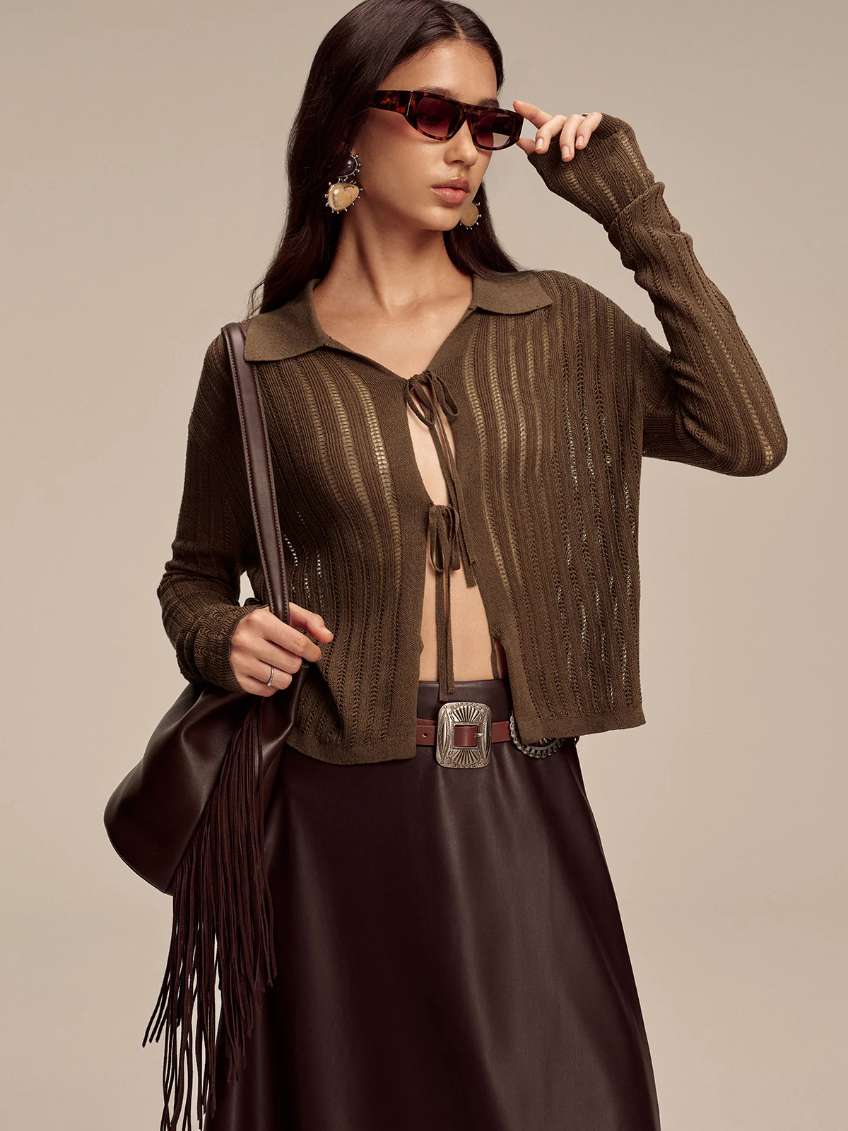 Polo Collar Tie-Front Knit Cardigan - Wholesalesil