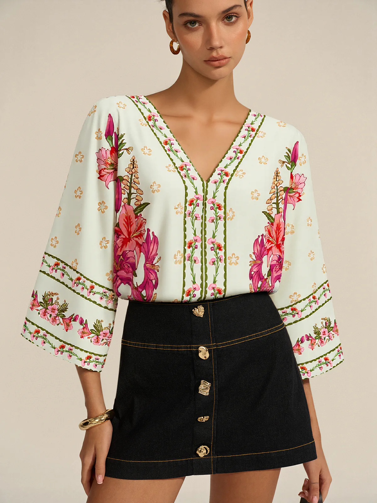 Floral Print V-Neck Tie-Back Bodysuit - Wholesalesil