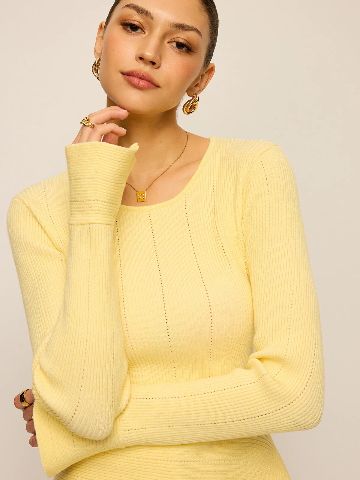 Asymmetric Hem Flare Sleeve Eyelet Sweater - Wholesalesil