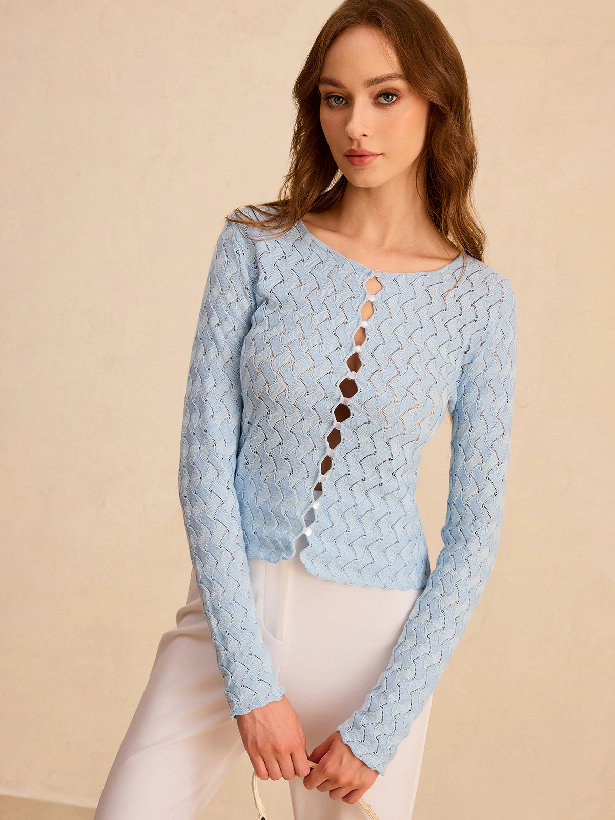 Wave Patterned Button Knit Cardigan - Wholesalesil