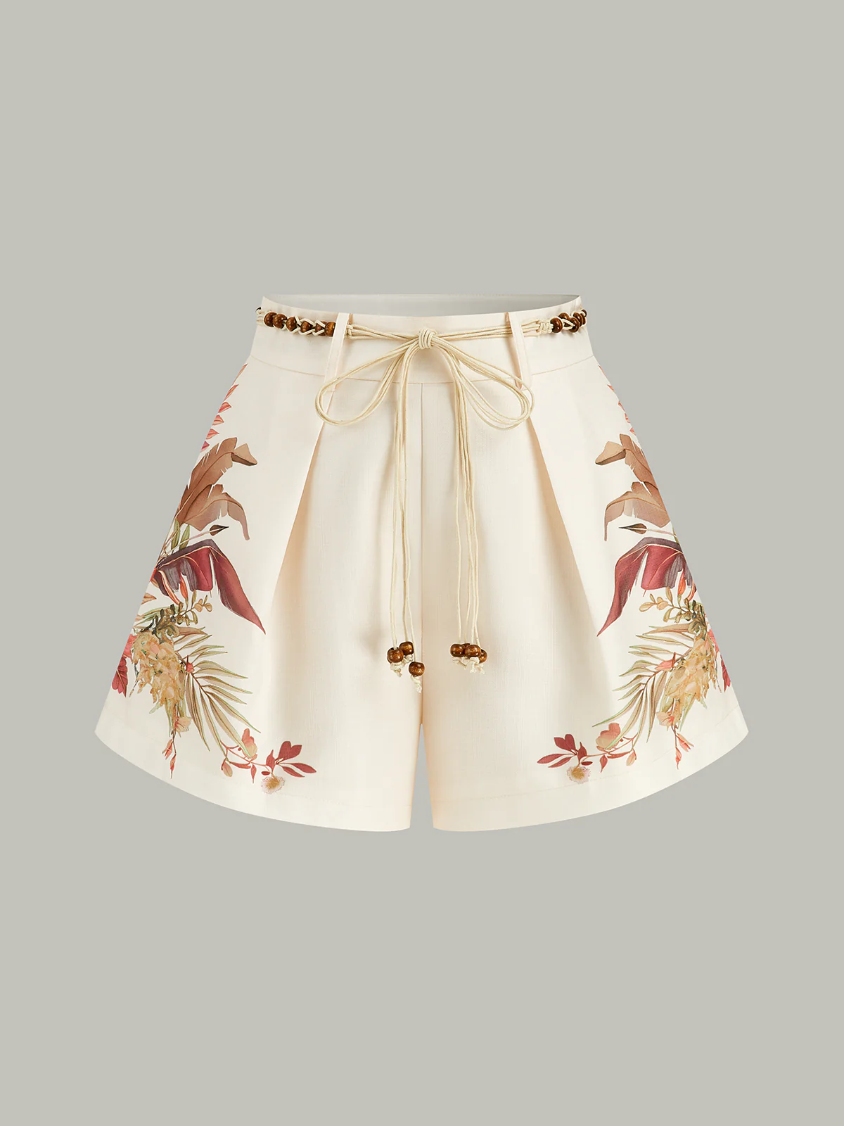 Belted Tropical Print Mid-Waist Shorts - Wholesalesil